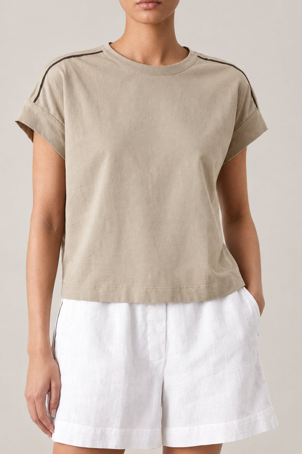BRUNELLO CUCINELLI WOMEN'S WHEAT STALK SHORT SLEEVE BOXY SHIRT