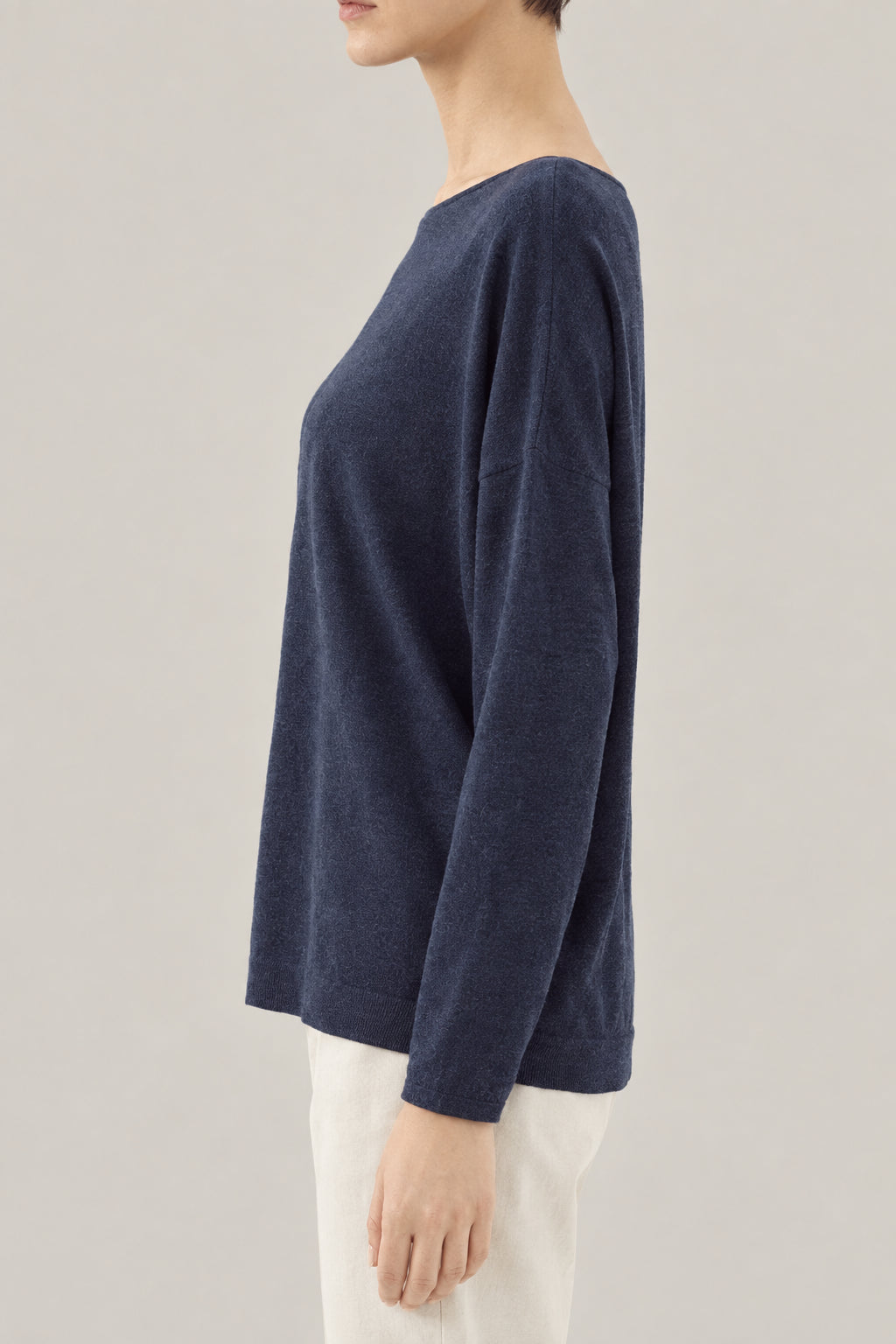 BRUNELLO CUCINELLI WOMEN'S COLD BLUE WOOL SILK BOAT NECK SHIRT