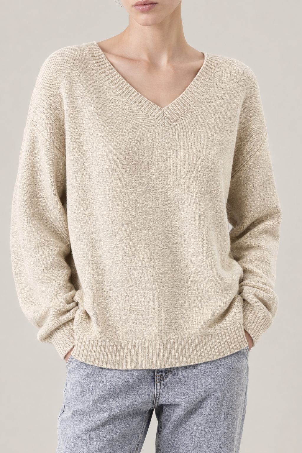 BRUNELLO CUCINELLI WOMEN'S LIGHT BROWN WOOL SILK V NECK SWEATER