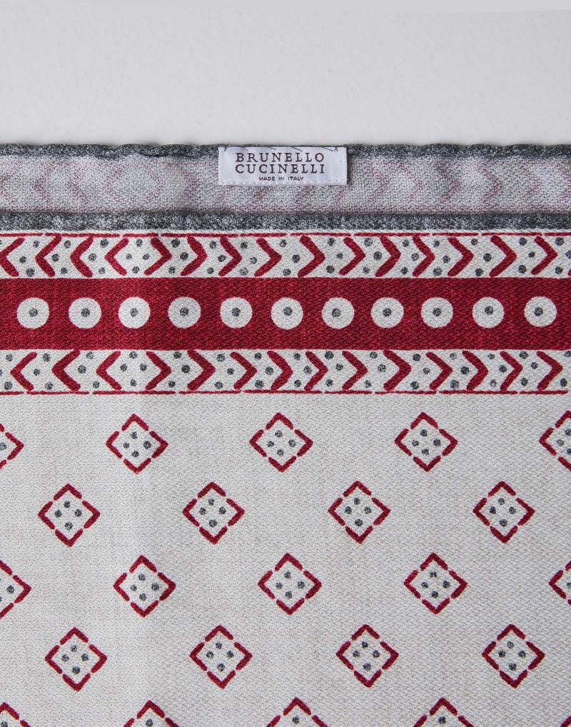 BRUNELLO CUCINELLI MEN'S CHAMPAGNE RED GRAY SILK POCKET SQUARE