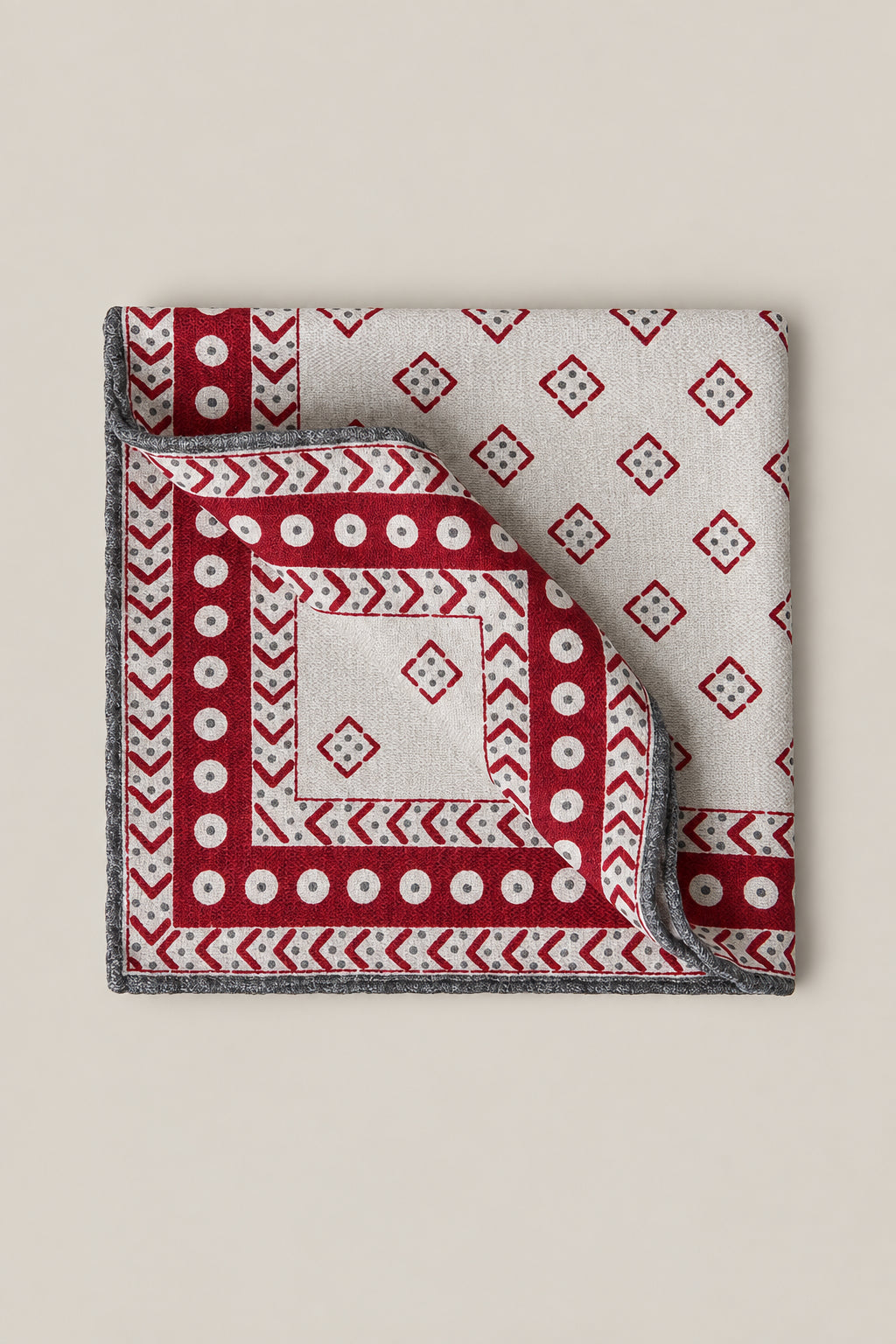 BRUNELLO CUCINELLI MEN'S CHAMPAGNE RED GRAY SILK POCKET SQUARE