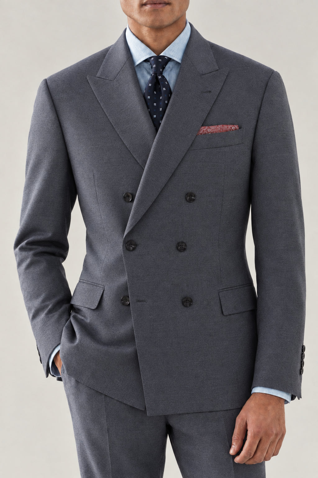 BRUNELLO CUCINELLI MEN'S MEDIUM GREY WOOL DOUBLE BREASTED BLAZER