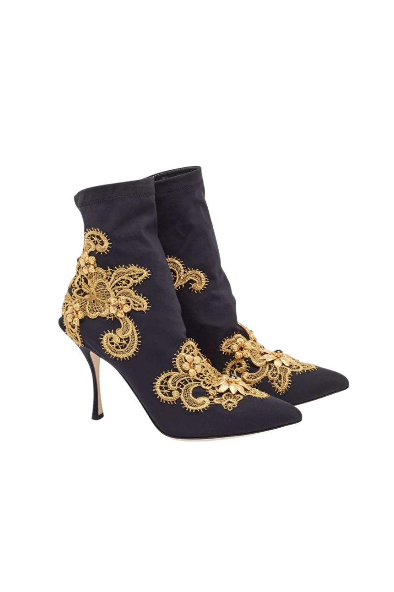 Dolce & Gabbana Black/Gold Baroque Embroidered Fabric Lori Ankle Boots