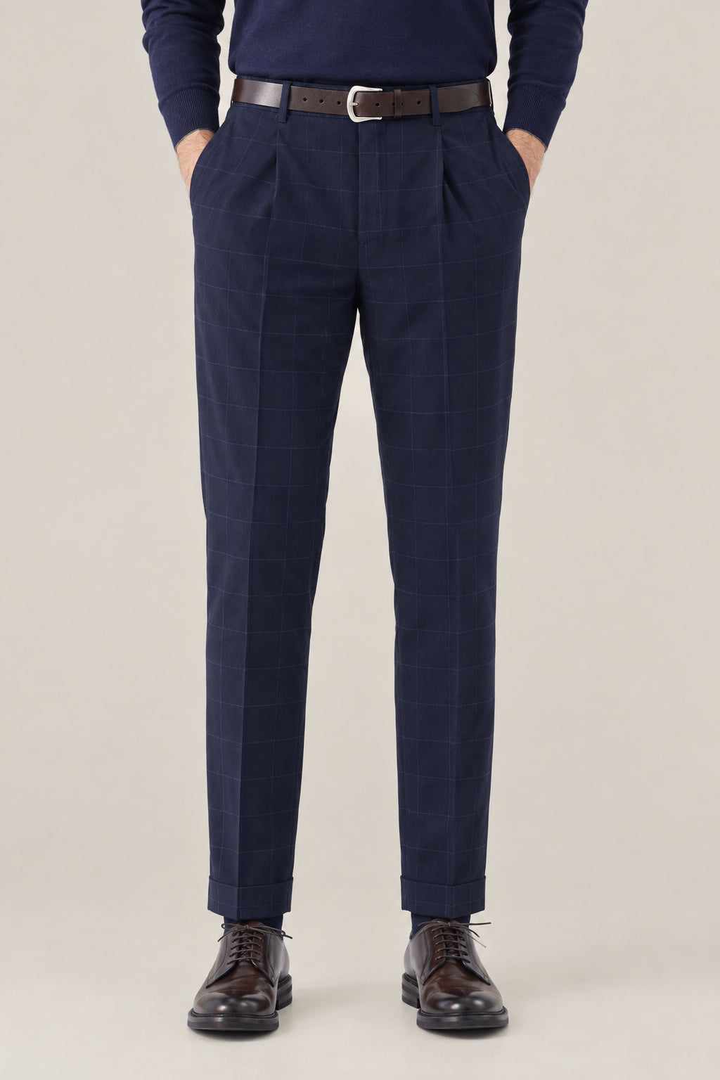 BRUNELLO CUCINELLI MEN'S BLUE WOOL CHECKED TROUSERS