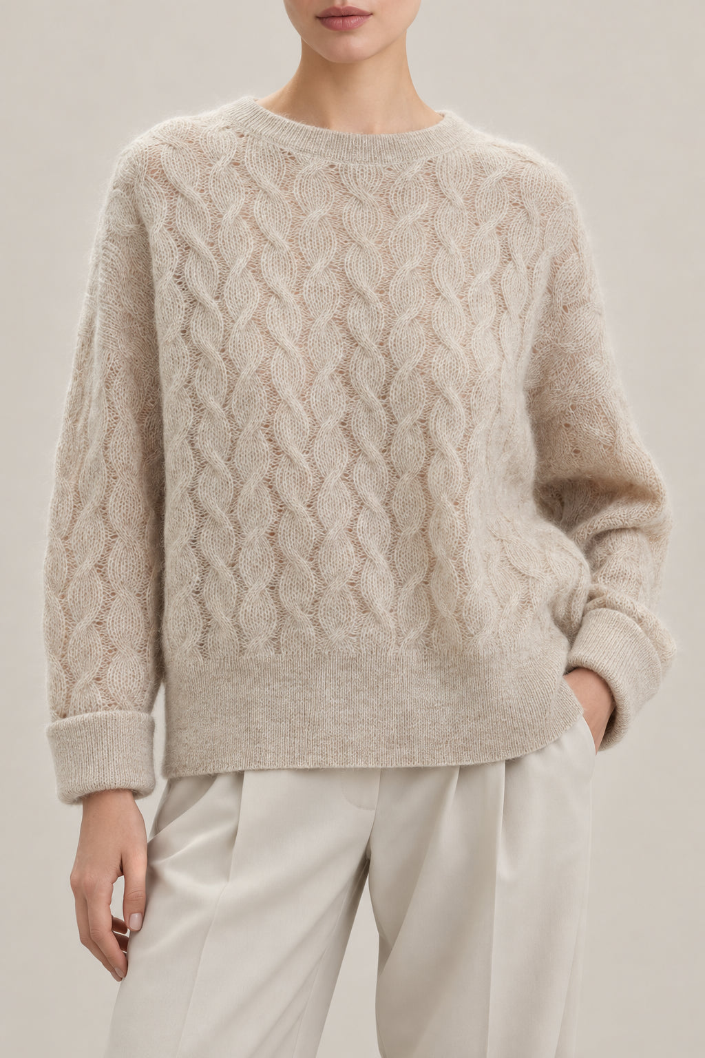 BRUNELLO CUCINELLI WOMEN'S LIGHT BEIGE CABLE KNIT WOOL SWEATER