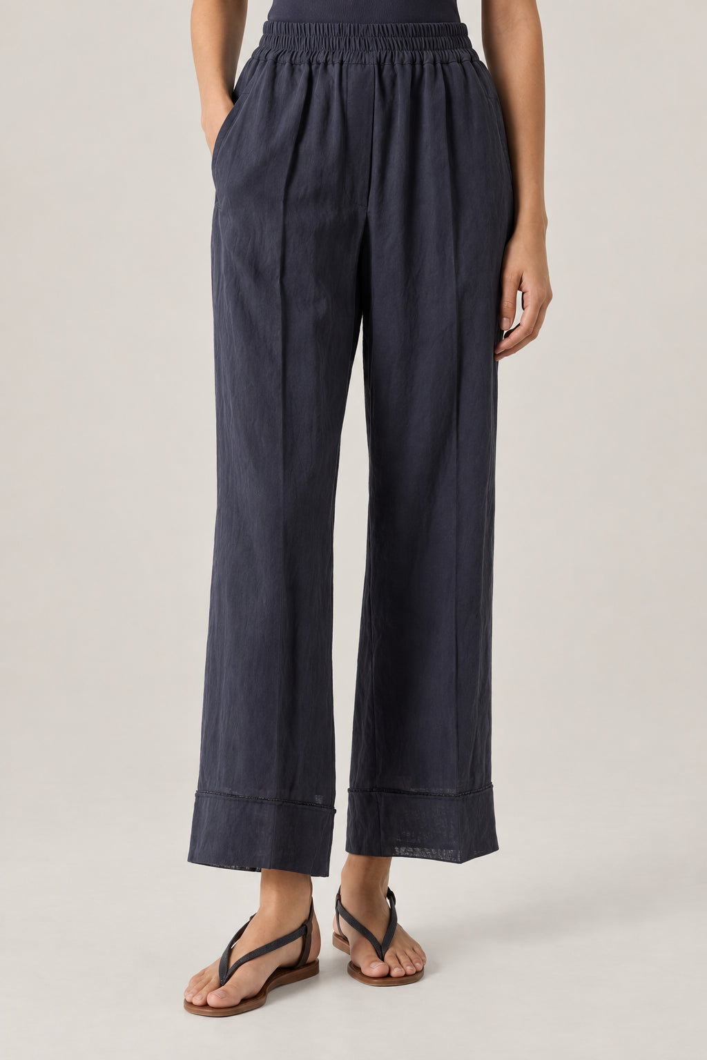 BRUNELLO CUCINELLI WOMEN'S COAL WIDE LEG COTTON TROUSERS