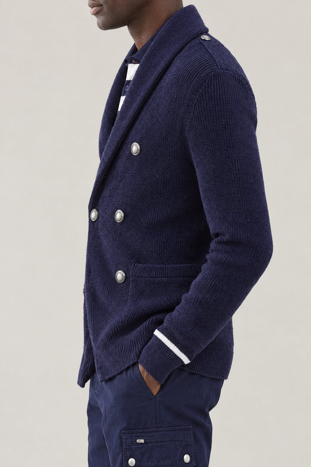 BRUNELLO CUCINELLI MEN'S NAVY DOUBLE-BREASTED SHAWL CARDIGAN