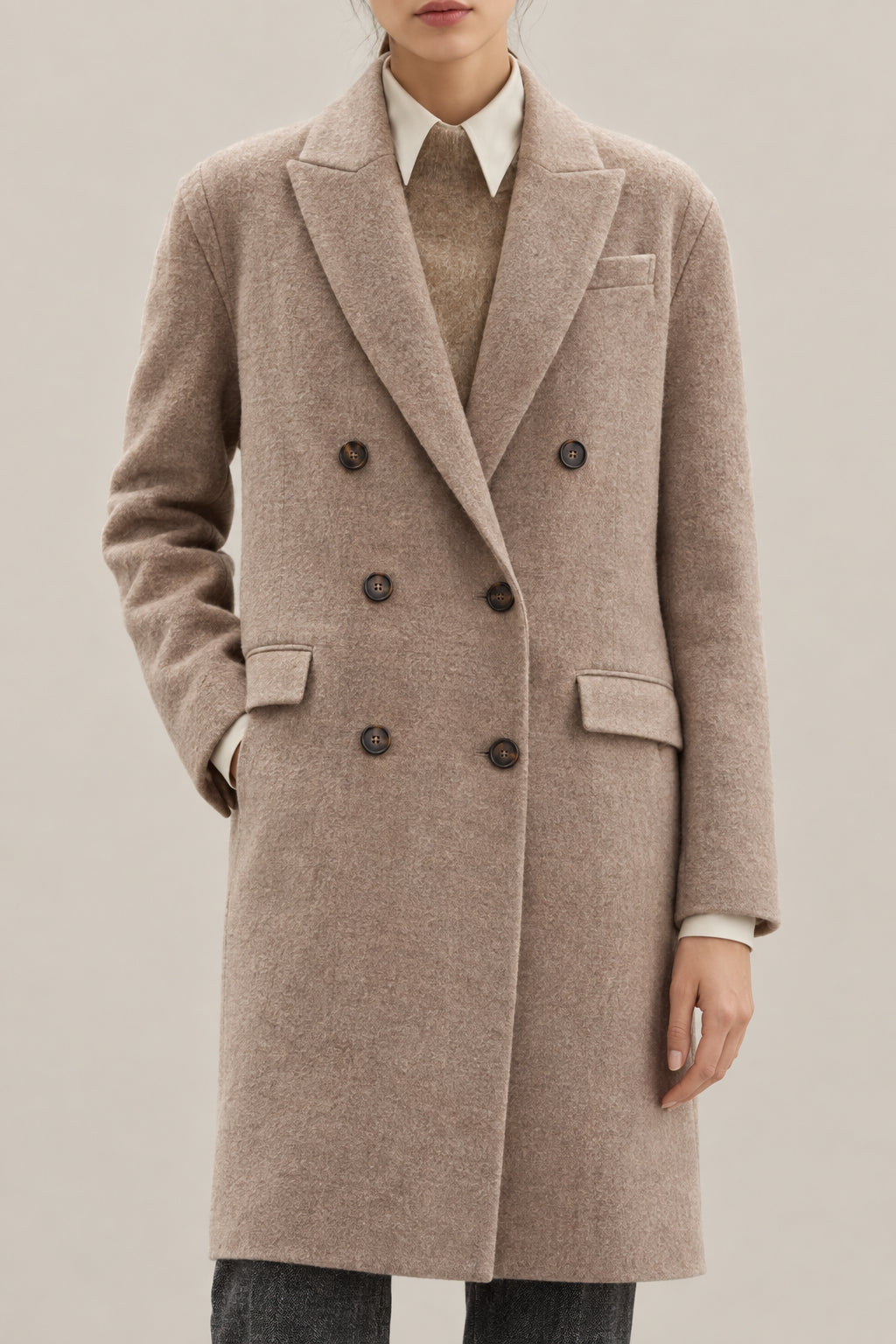 BRUNELLO CUCINELLI WOMEN'S BROWN DOUBLE BREASTED WOOL BLEND COAT