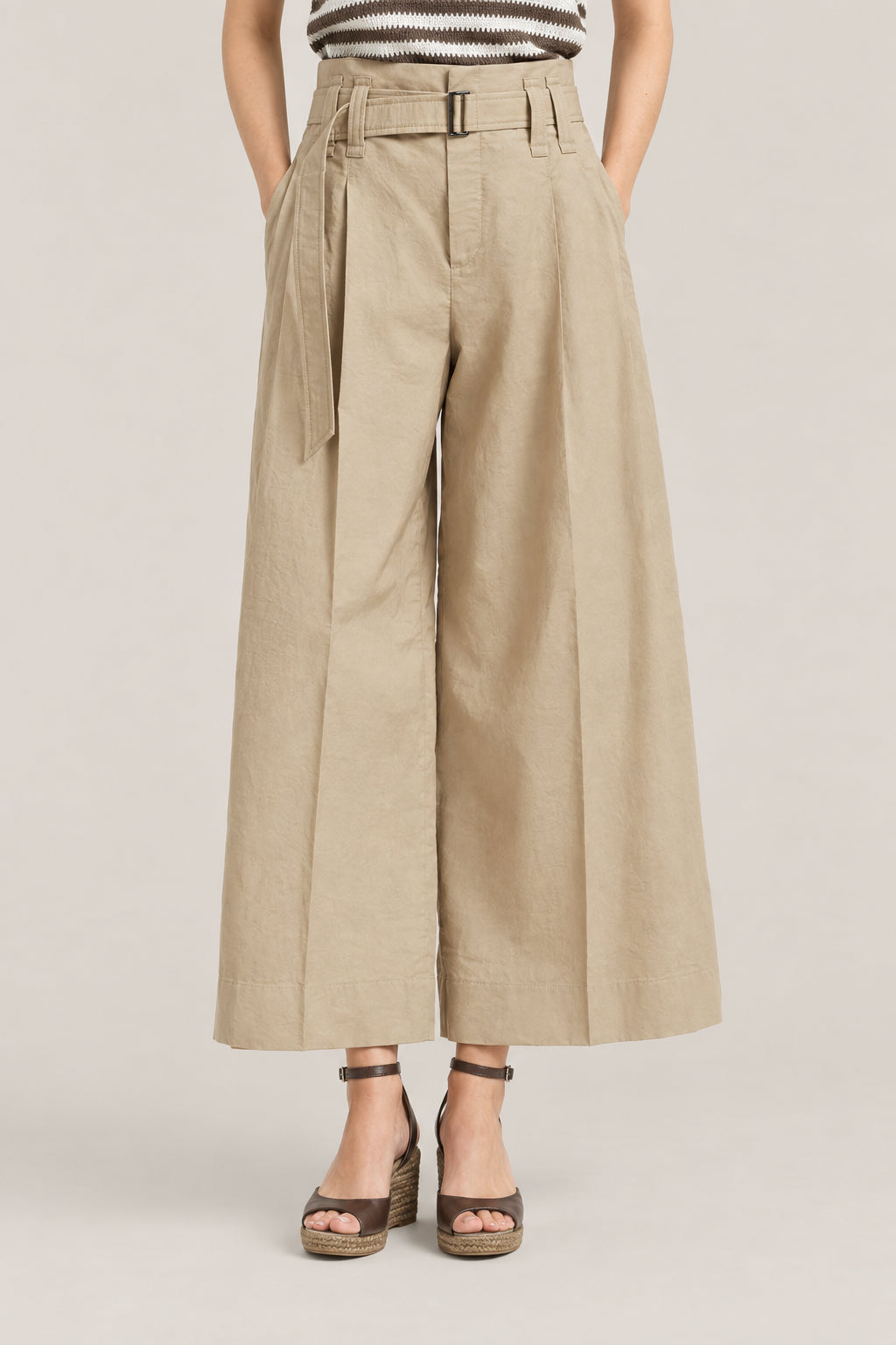 BRUNELLO CUCINELLI WOMEN'S BEIGE WIDE LEG BELTED TROUSERS