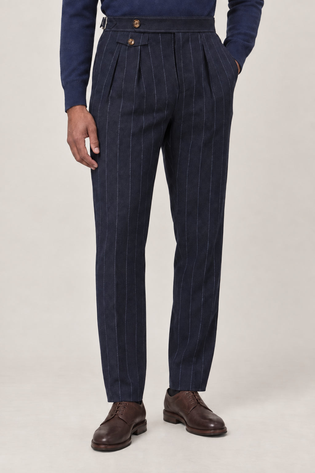 BRUNELLO CUCINELLI MEN'S NAVY PINSTRIPE WOOL TROUSERS