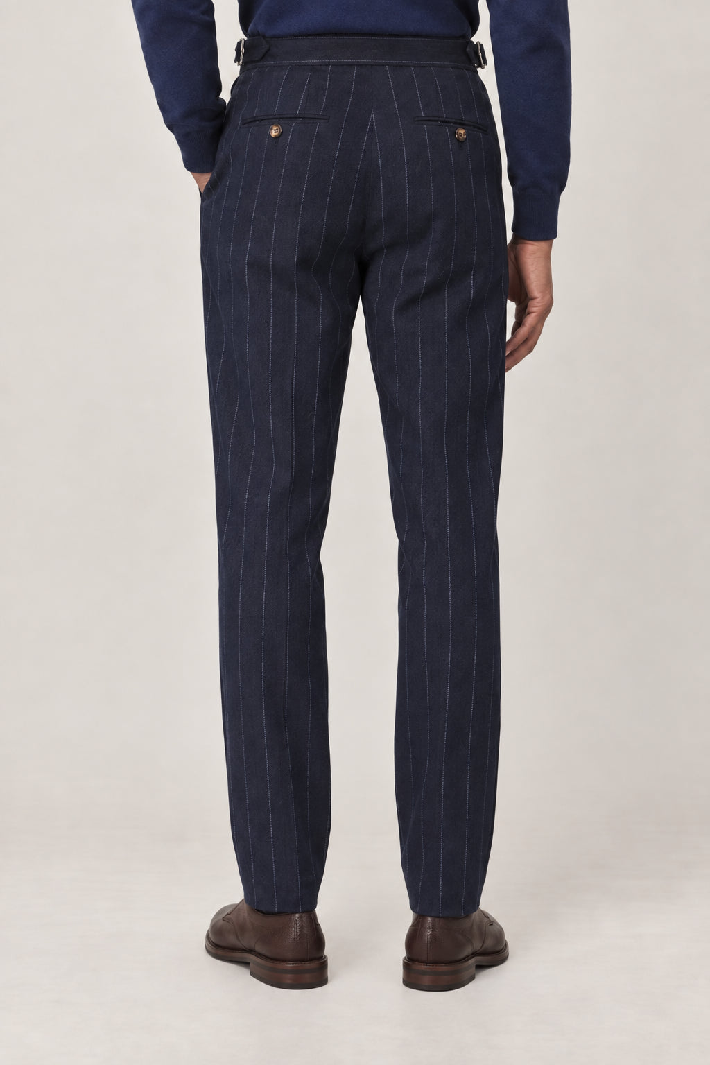 BRUNELLO CUCINELLI MEN'S NAVY PINSTRIPE WOOL TROUSERS