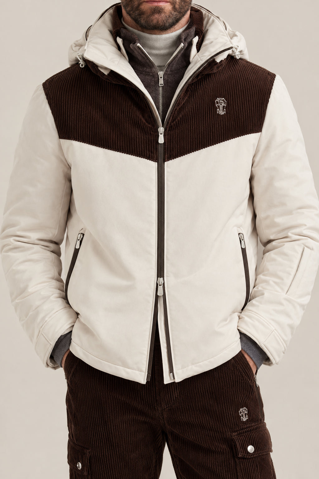 BRUNELLO CUCINELLI MEN'S OFF WHITE AND BROWN COLORBLOCK JACKET