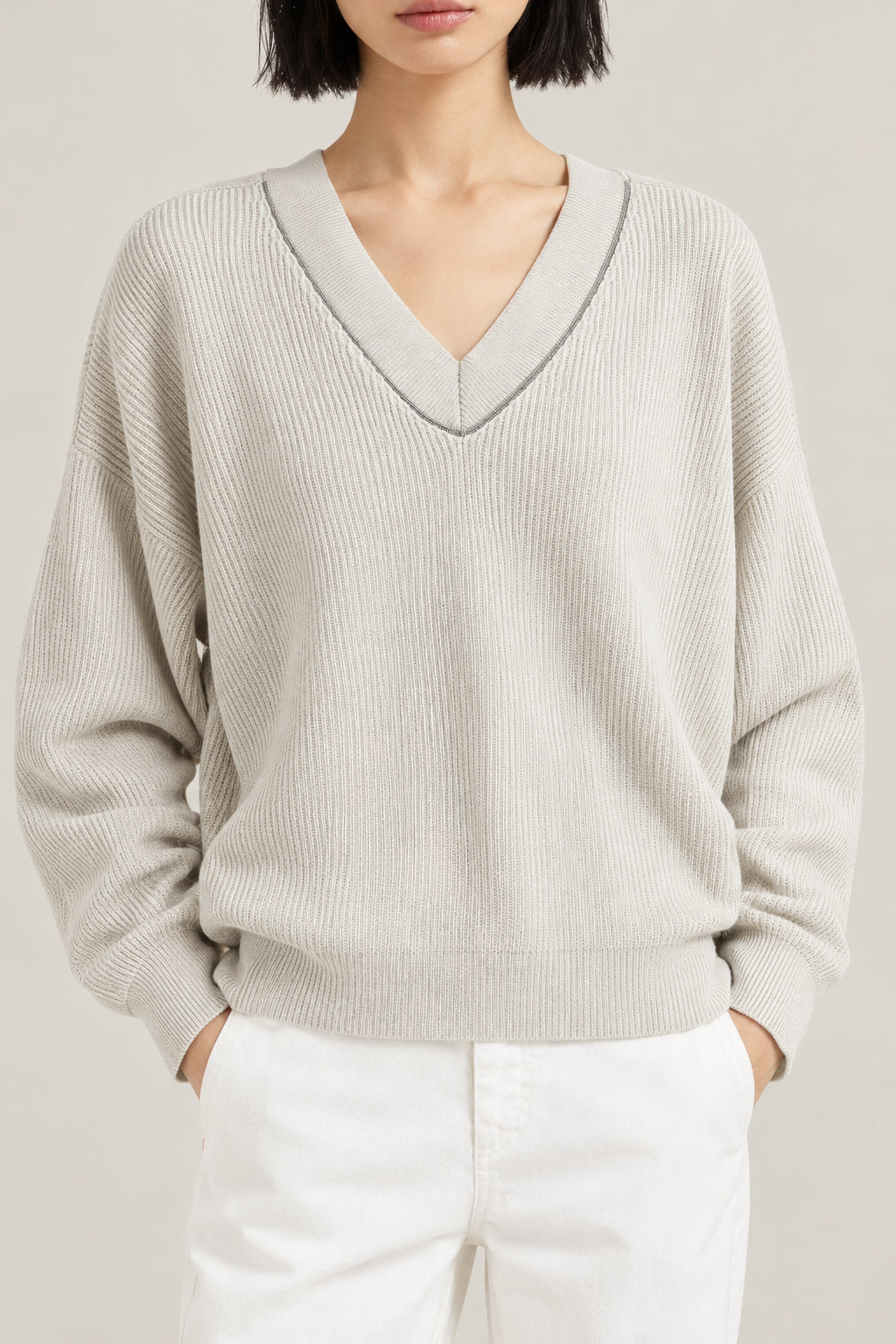 BRUNELLO CUCINELLI WOMEN'S ICE WHITE RIBBED V NECK SWEATER