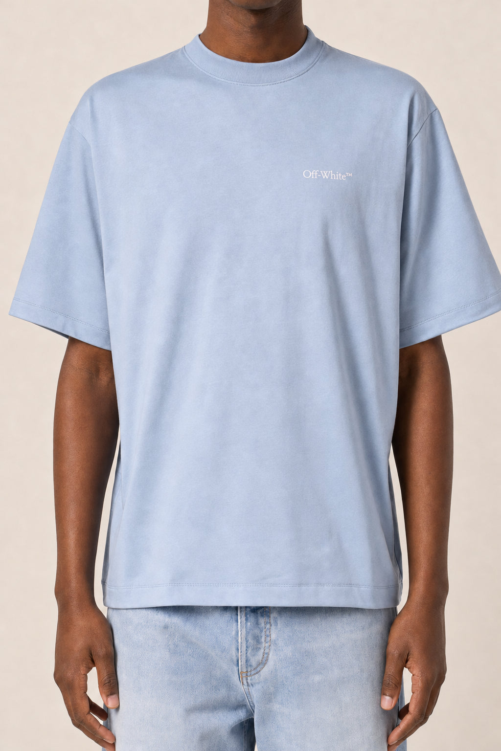 OFF-WHITE MEN'S FADED DENIM COTTON SHORT SLEEVE SHIRT