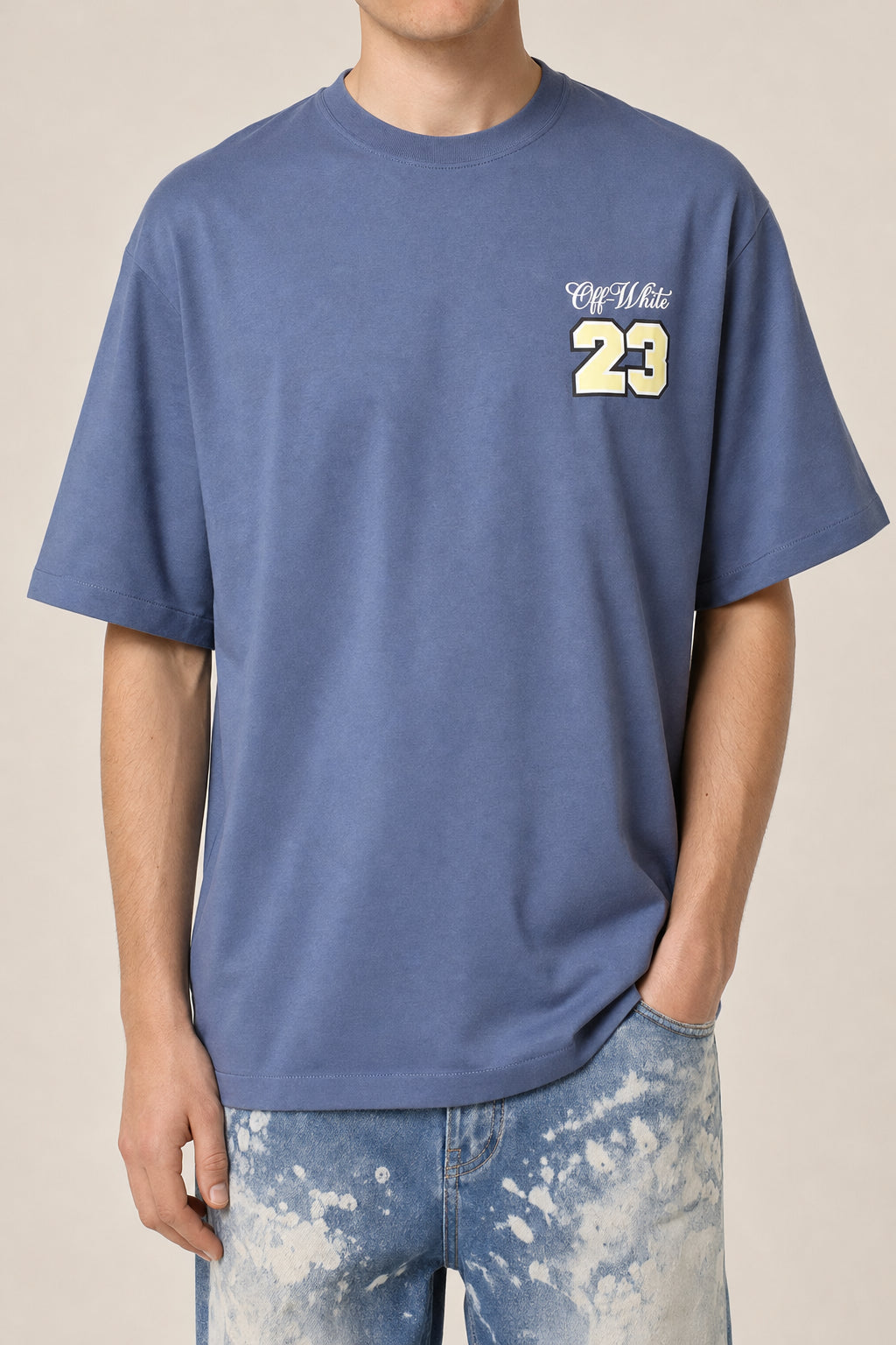 OFF-WHITE MEN'S BLUE INDIGO COTTON SKATE FIT SHORT SLEEVE SHIRT
