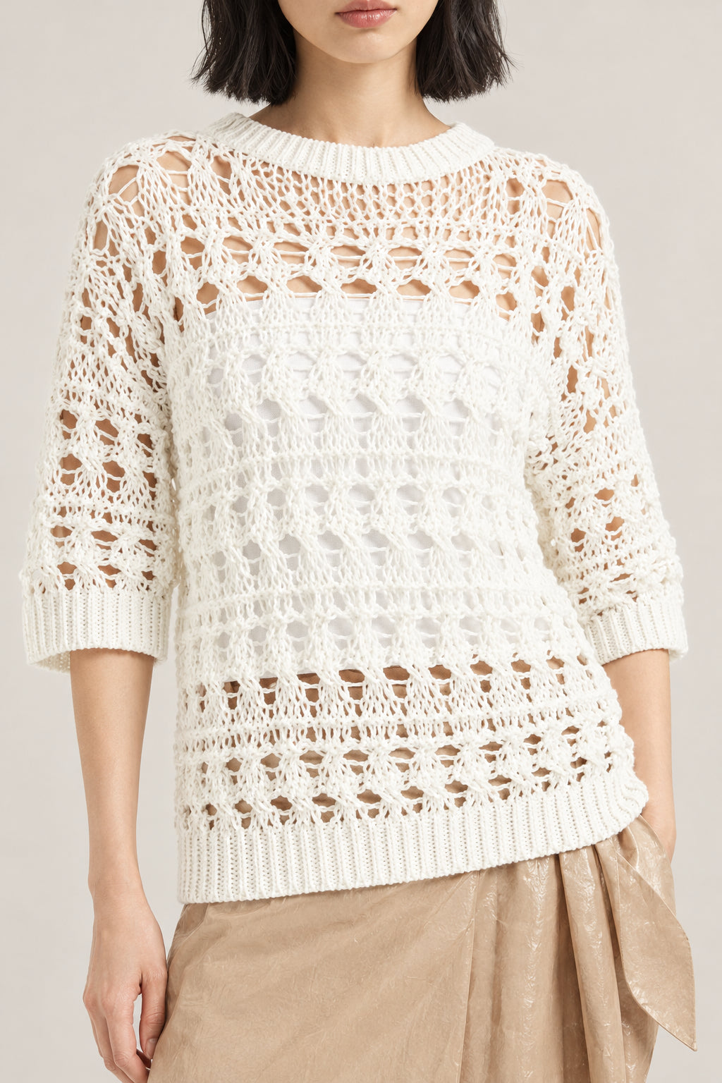 BRUNELLO CUCINELLI WOMEN'S OFF WHITE OPEN KNIT SWEATER