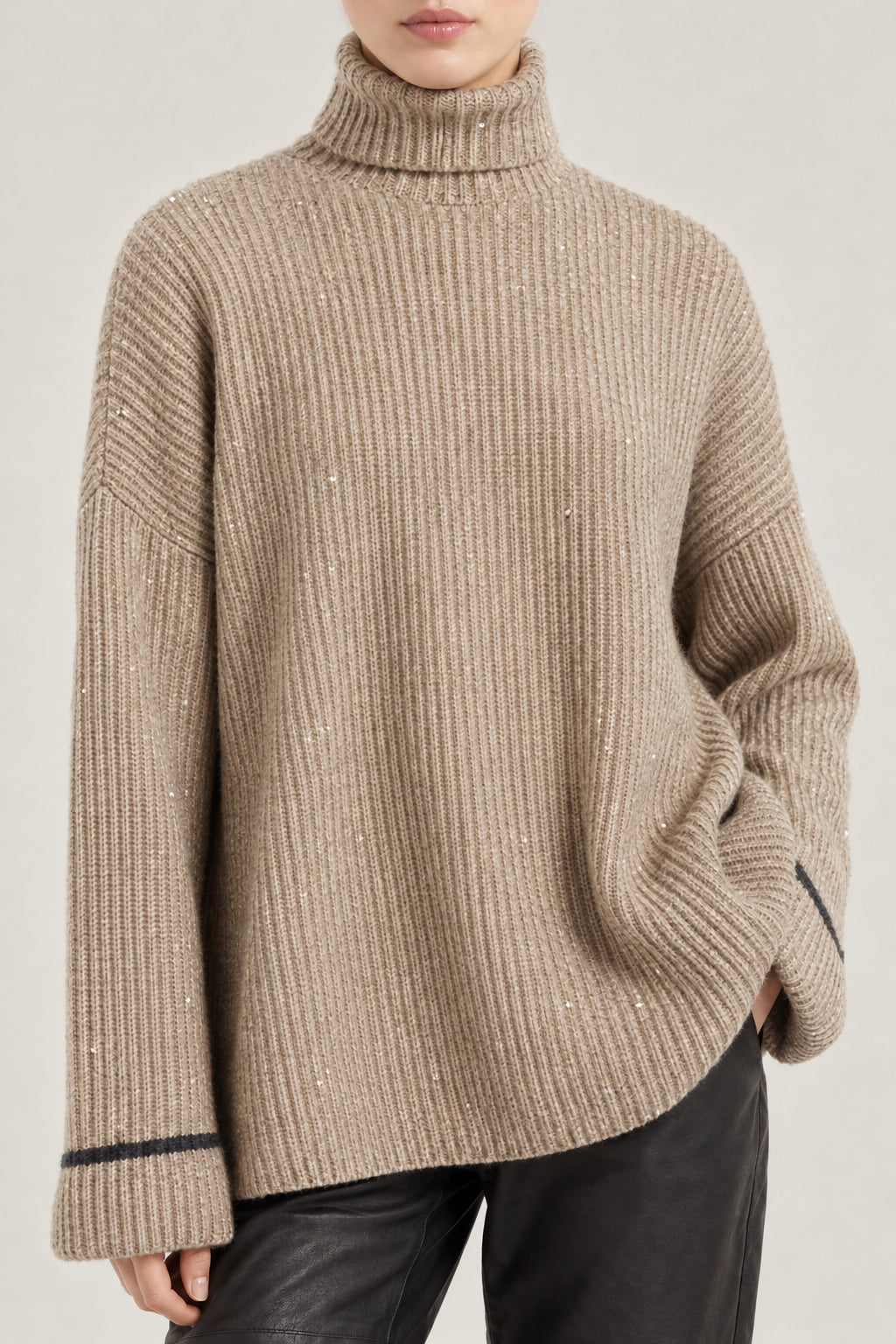 BRUNELLO CUCINELLI WOMEN'S BEIGE RIBBED TURTLENECK SWEATER