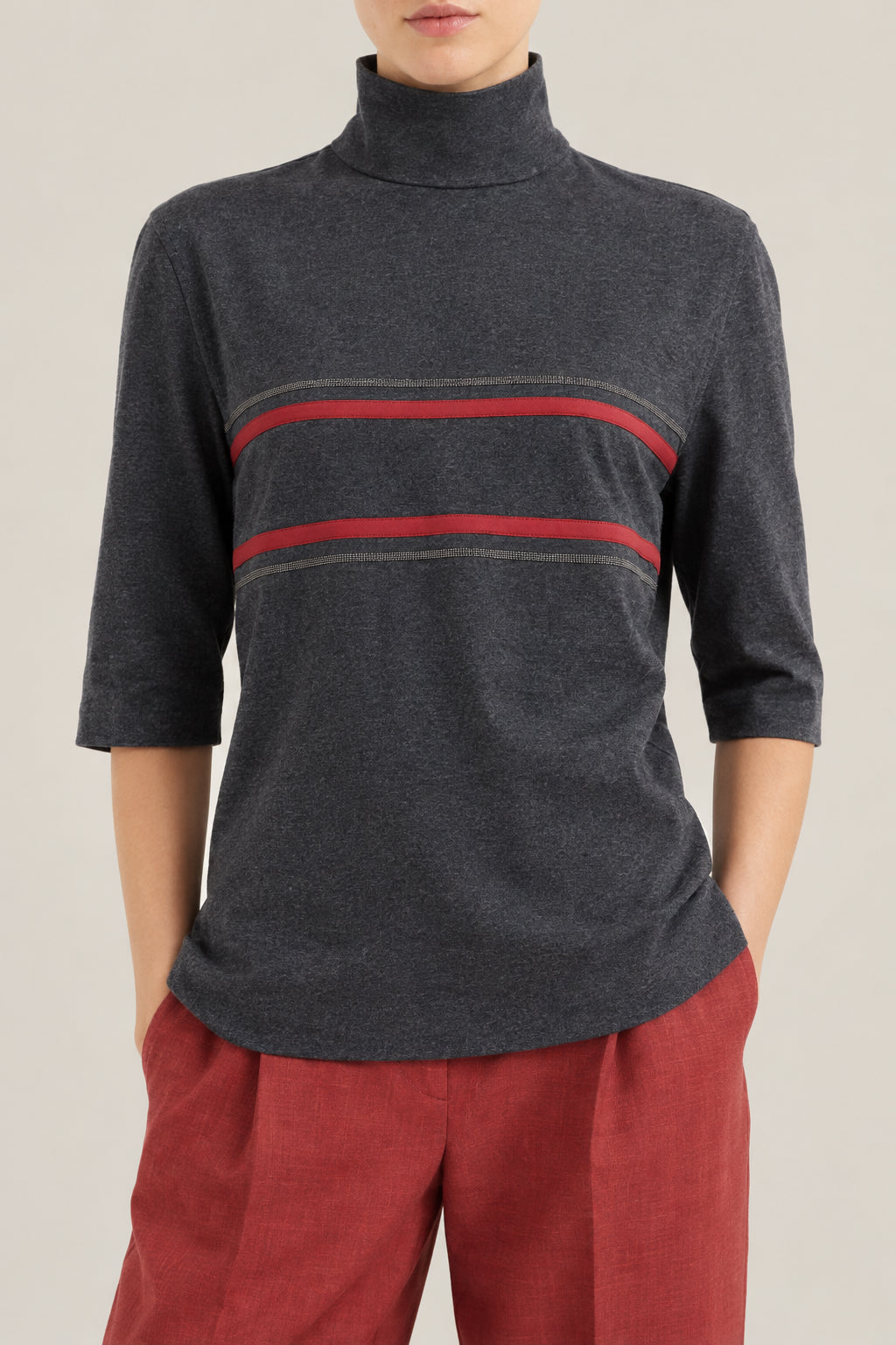 BRUNELLO CUCINELLI WOMEN'S CHARCOAL STRIPED MOCK NECK SHIRT