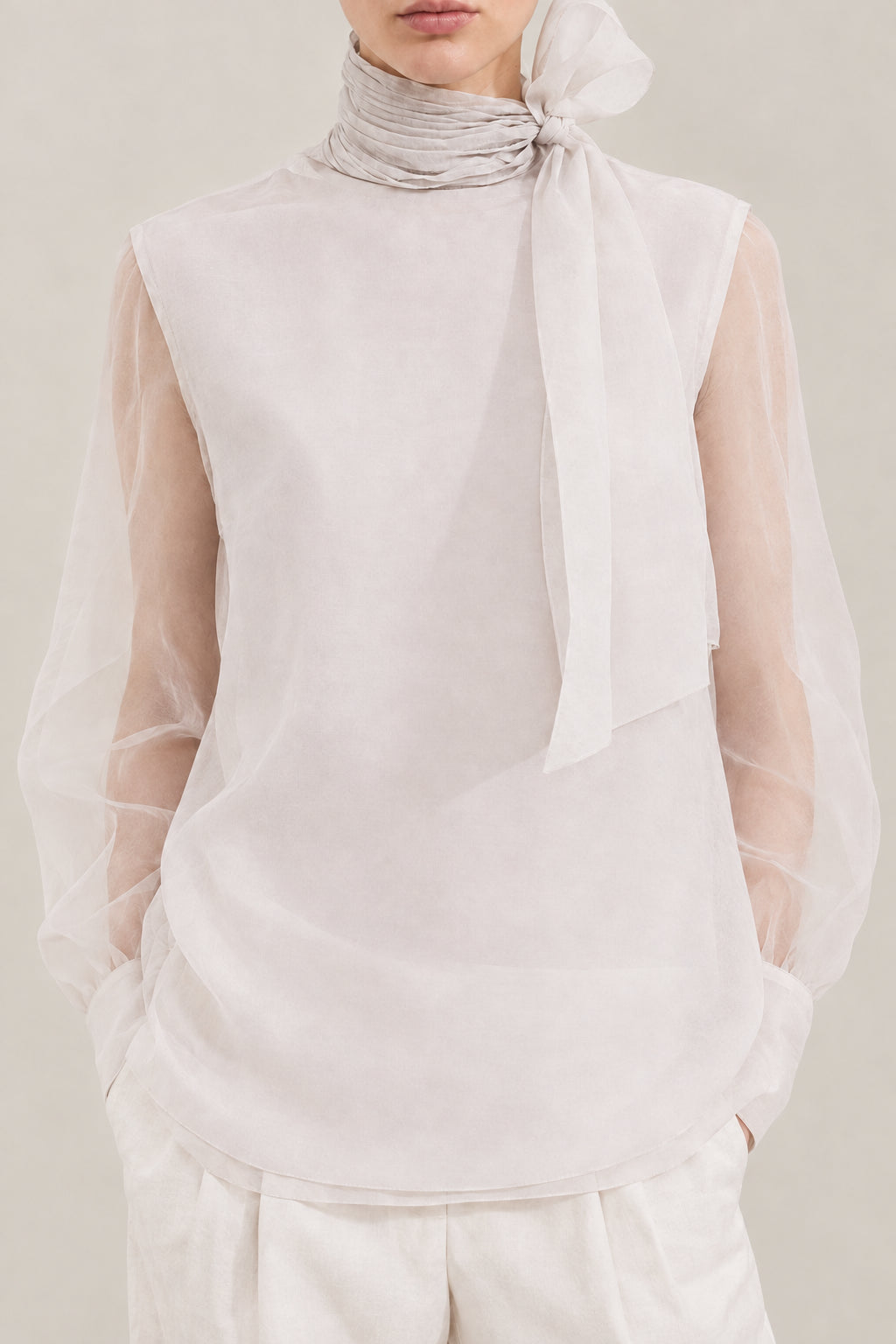 BRUNELLO CUCINELLI WOMEN'S OFF WHITE SHEER HIGH NECK SLEEVELESS SHIRT