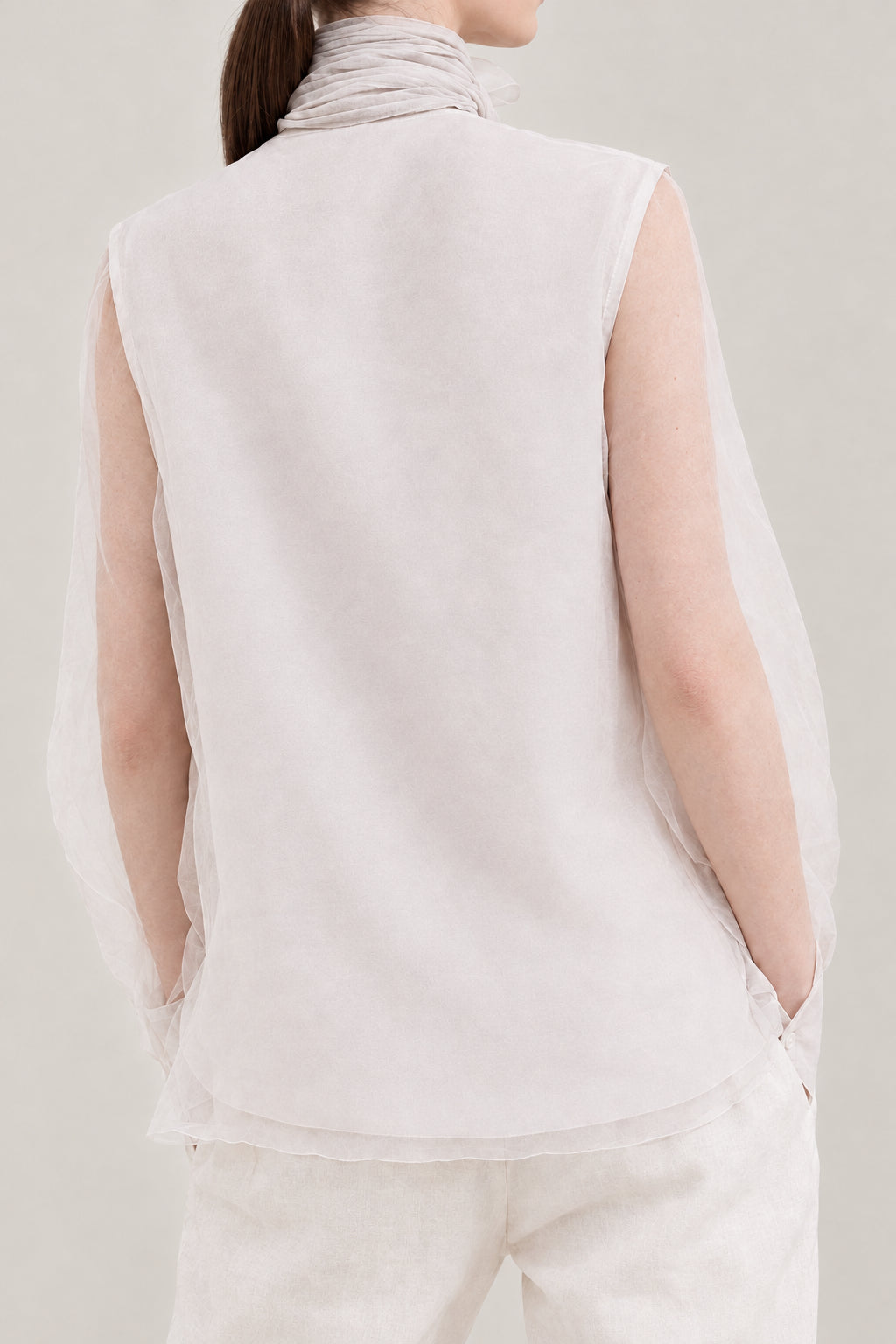 BRUNELLO CUCINELLI WOMEN'S OFF WHITE SHEER HIGH NECK SLEEVELESS SHIRT