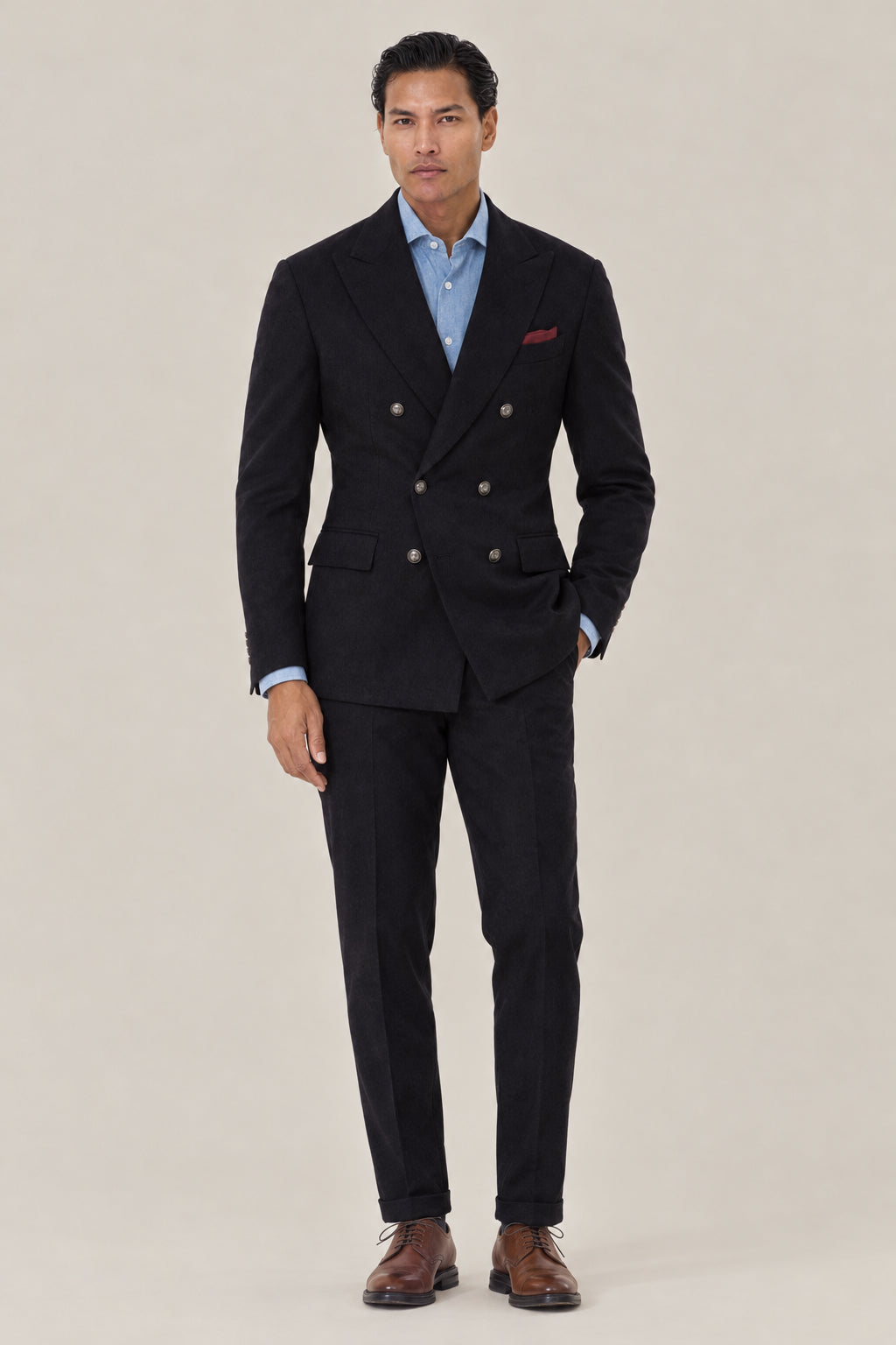BRUNELLO CUCINELLI MEN'S BLACK WOOL DOUBLE BREASTED SUIT