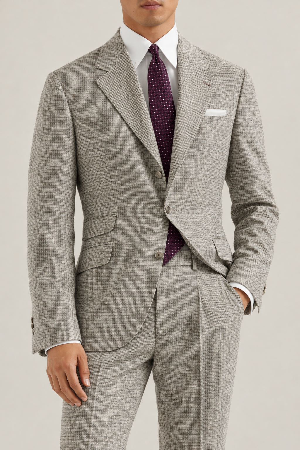 BRUNELLO CUCINELLI MEN'S COLD BROWN SILK WOOL BLEND CHECKED SUIT