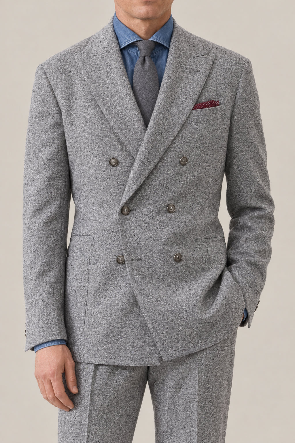 BRUNELLO CUCINELLI MEN'S MEDIUM GREY WOOL DOUBLE BREASTED SUIT