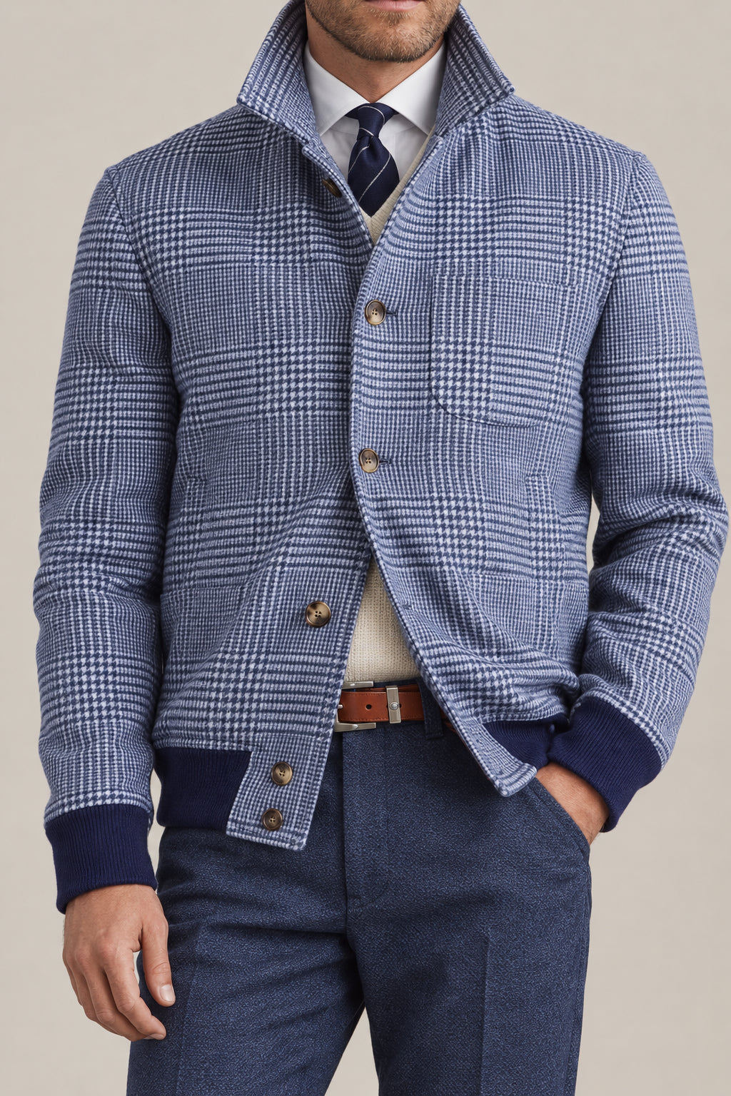 BRUNELLO CUCINELLI MEN'S INDIGO BLUE WOOL BLEND CHECKED JACKET
