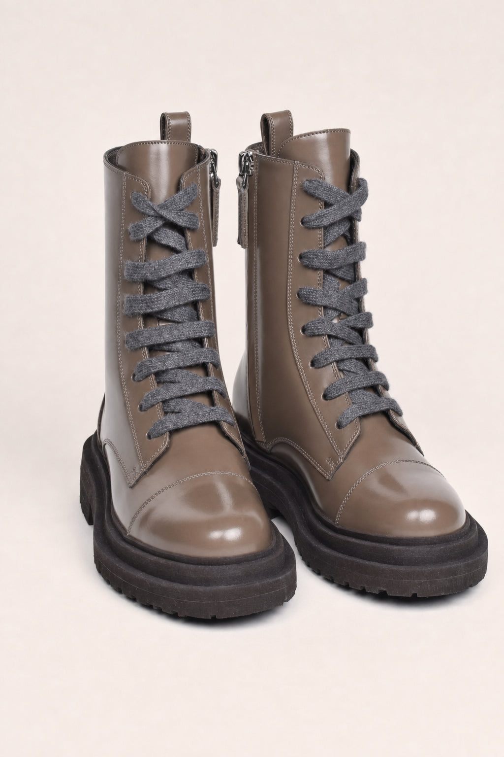 BRUNELLO CUCINELLI WOMEN'S MUD LEATHER LACE UP BOOTS