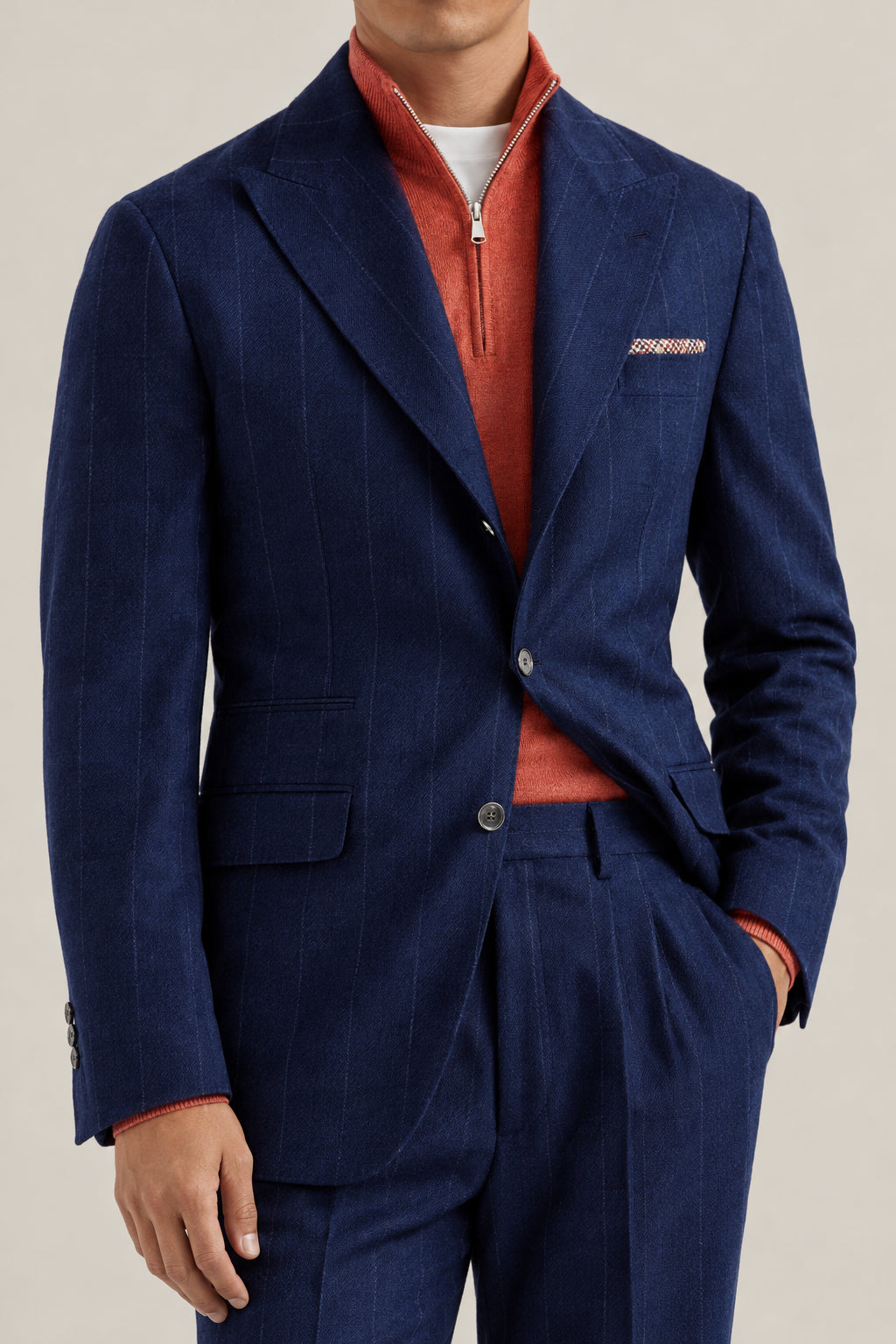 BRUNELLO CUCINELLI MEN'S COLORFUL BLUE WOOL PINSTRIPE BLAZER