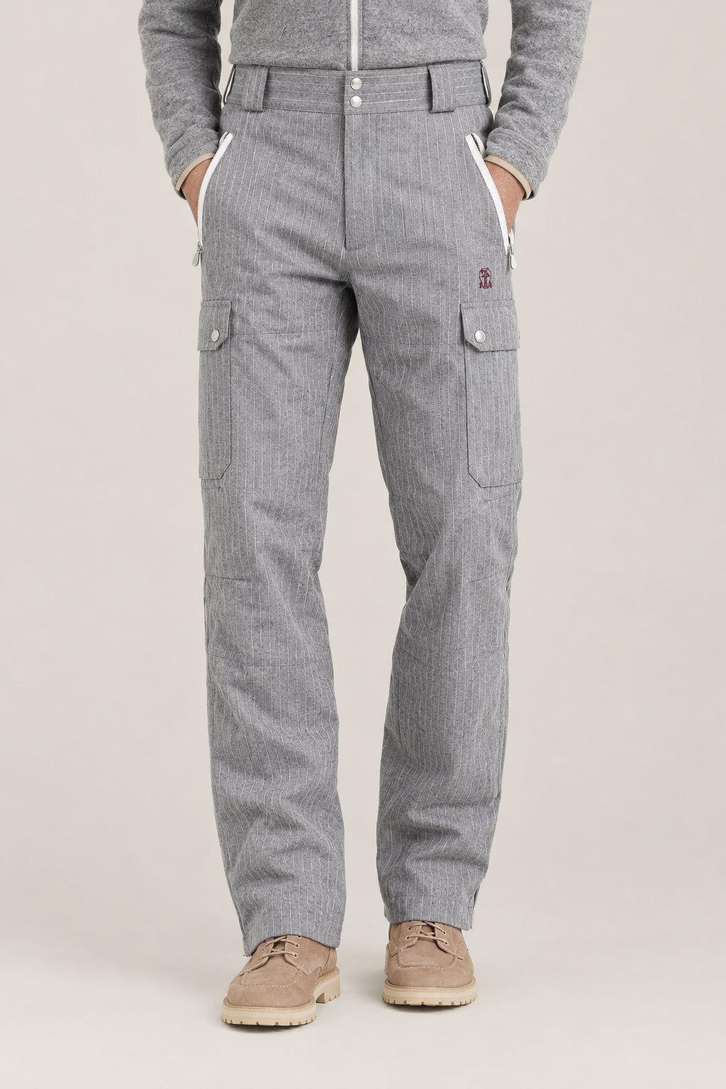 BRUNELLO CUCINELLI MEN'S PEARL GREY PINSTRIPE WOOL CARGO TROUSERS
