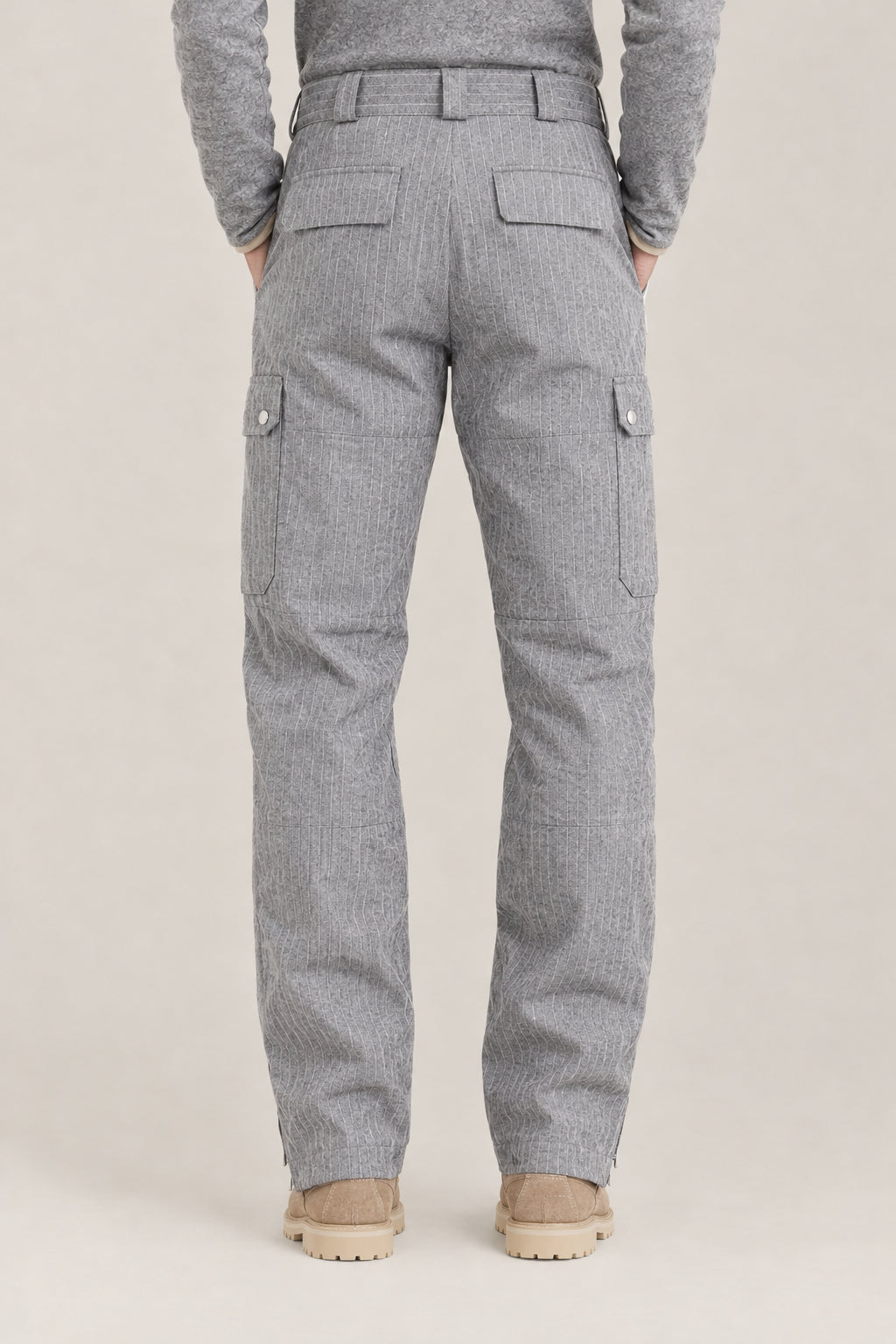 BRUNELLO CUCINELLI MEN'S PEARL GREY PINSTRIPE WOOL CARGO TROUSERS