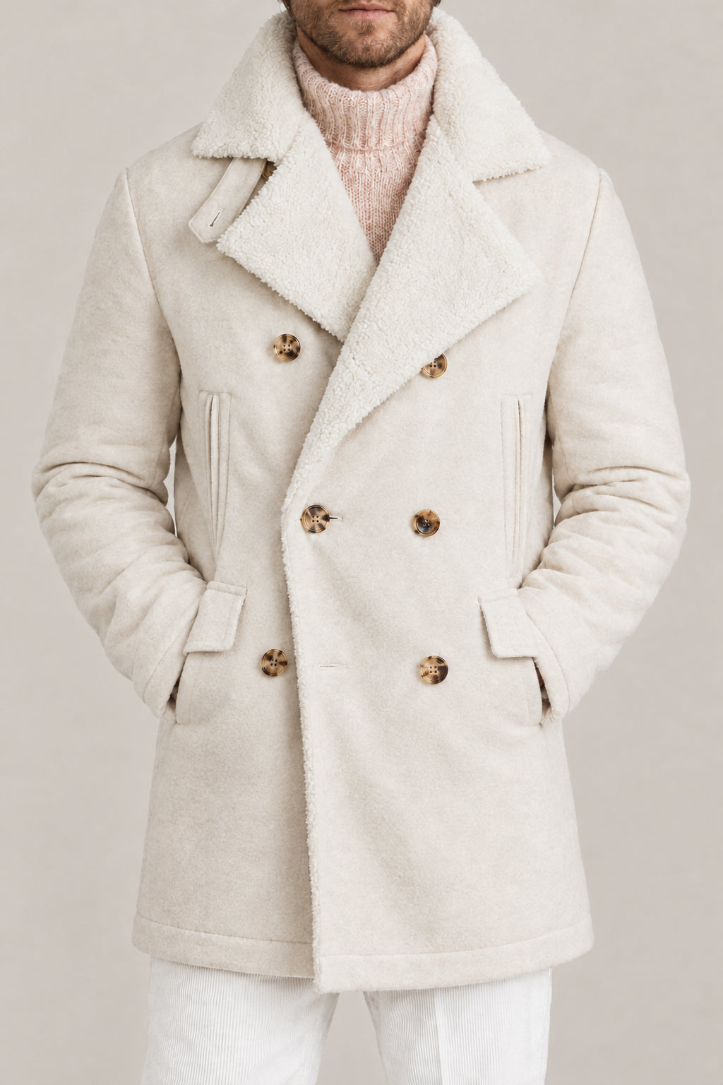 BRUNELLO CUCINELLI MEN'S SAND ECRU WOOL DOUBLE BREASTED JACKET