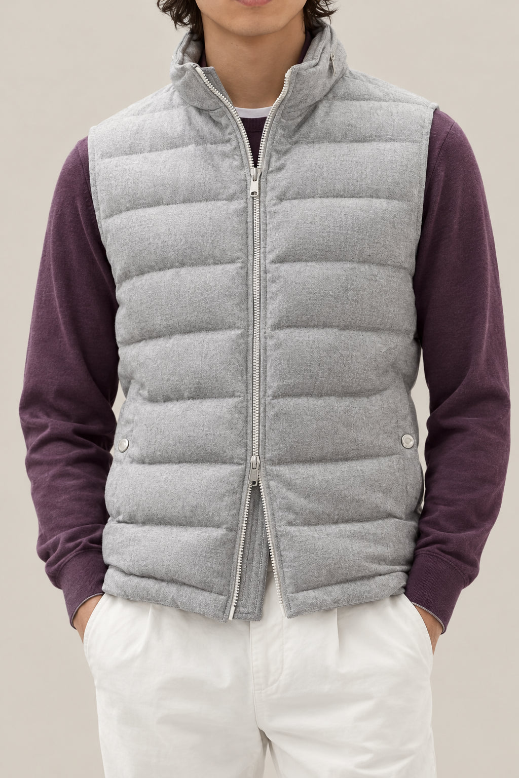 BRUNELLO CUCINELLI MEN'S FOG WOOL BLEND QUILTED VEST