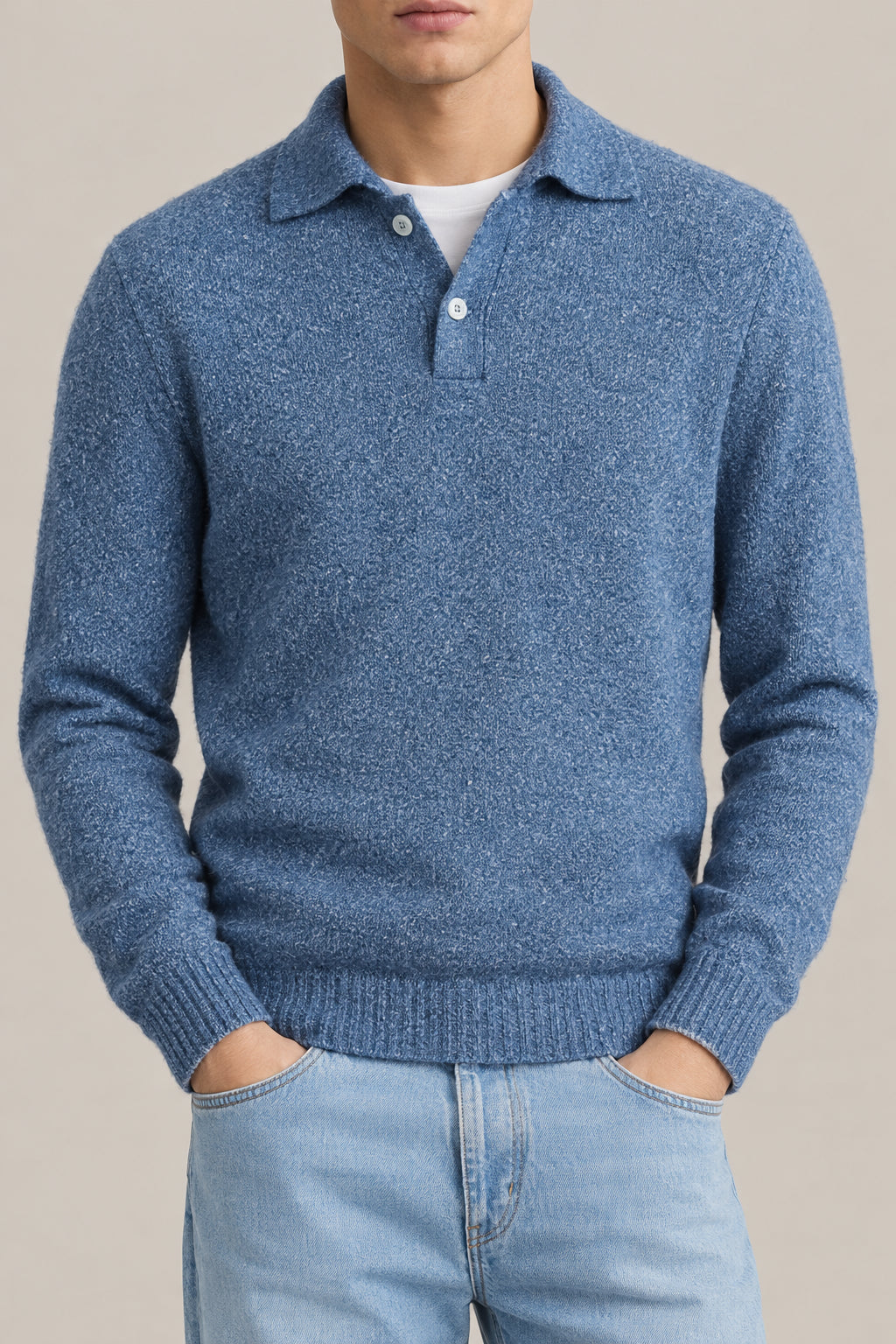 BRUNELLO CUCINELLI MEN'S BLUE WOOL BLEND POLO COLLAR SWEATER