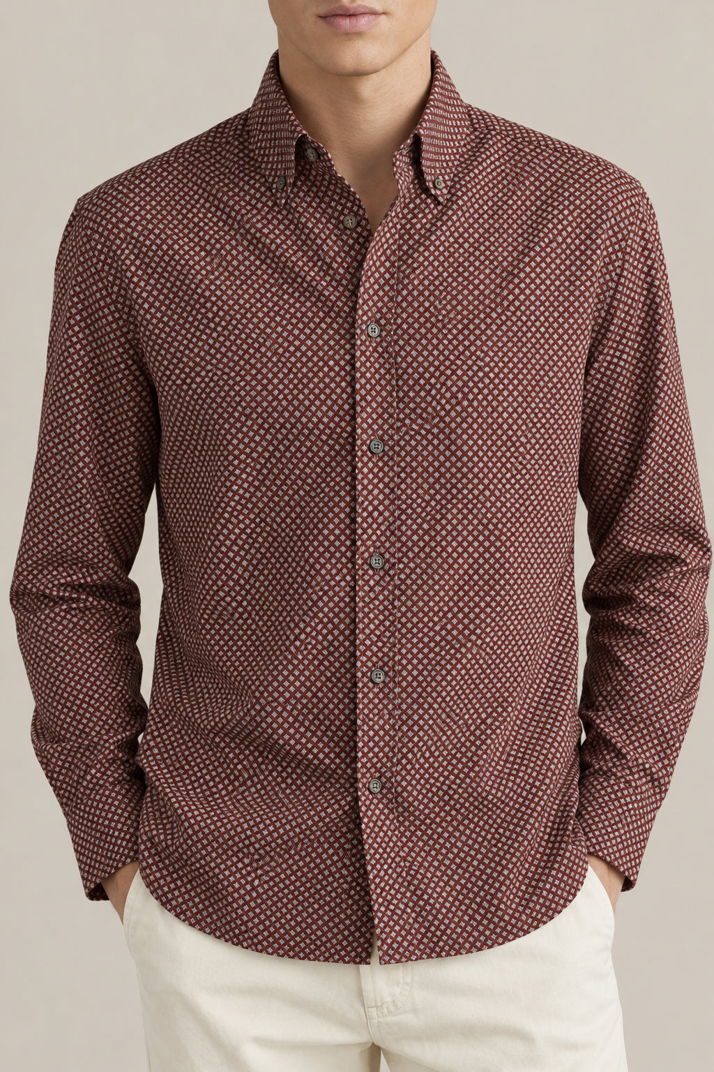BRUNELLO CUCINELLI MEN'S CORAL PATTERNED COTTON BUTTON DOWN SHIRT