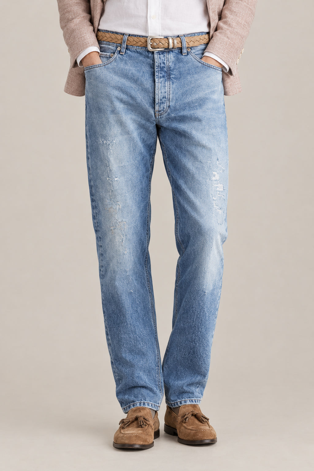 BRUNELLO CUCINELLI MEN'S DISTRESSED DENIM COTTON CASUAL TROUSERS