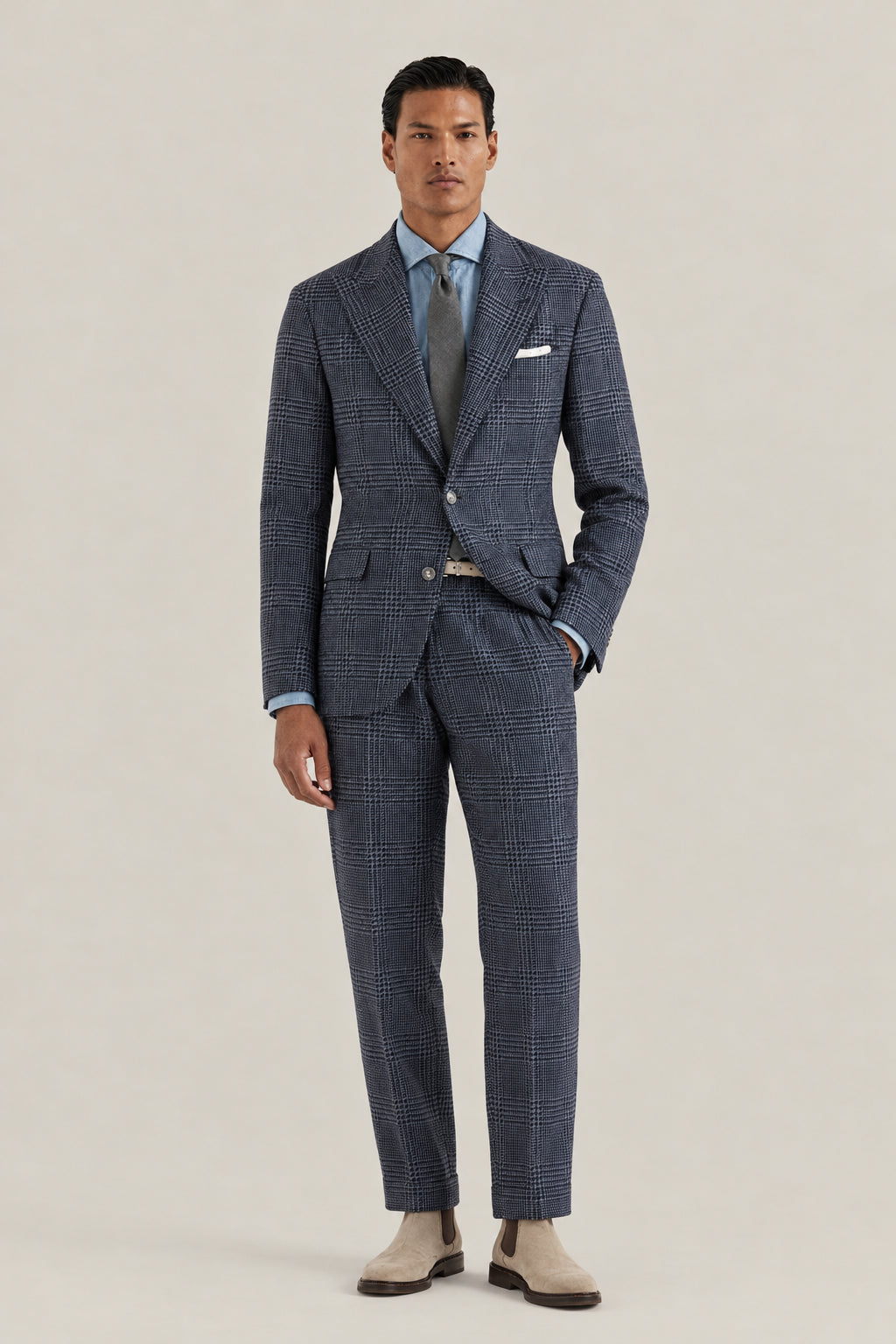 BRUNELLO CUCINELLI MEN'S DENIM WOOL SILK CHECKED SUIT