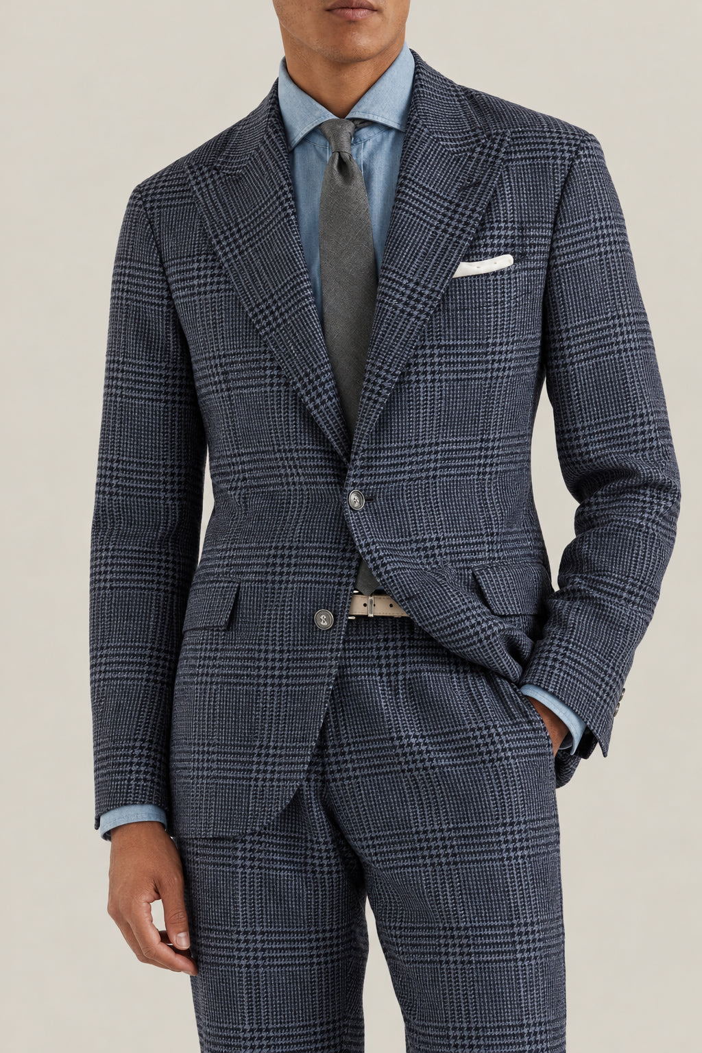 BRUNELLO CUCINELLI MEN'S DENIM WOOL SILK CHECKED SUIT