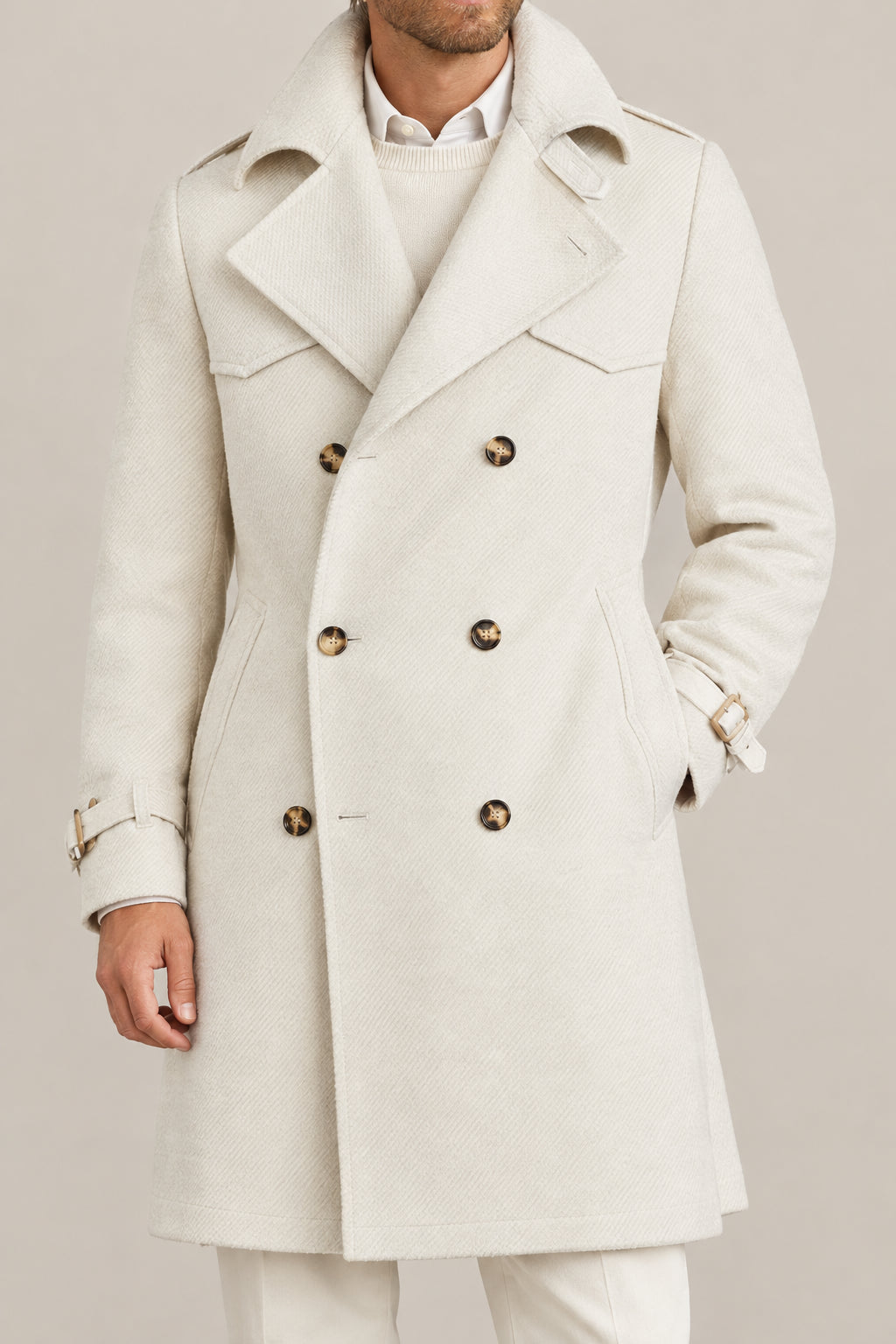 BRUNELLO CUCINELLI MEN'S SAND DOUBLE BREASTED WOOL SILK BLEND COAT