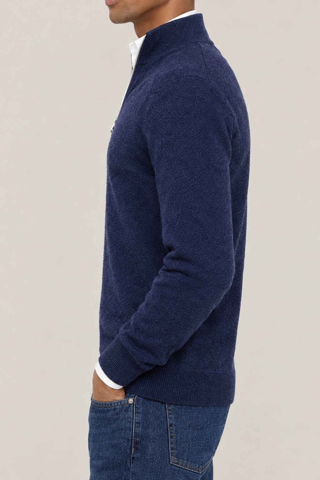 BRUNELLO CUCINELLI MEN'S BLUE INDIGO WOOL ZIP FRONT SWEATER