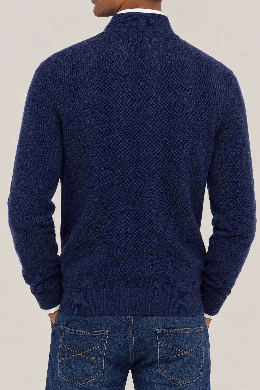 BRUNELLO CUCINELLI MEN'S BLUE INDIGO WOOL ZIP FRONT SWEATER