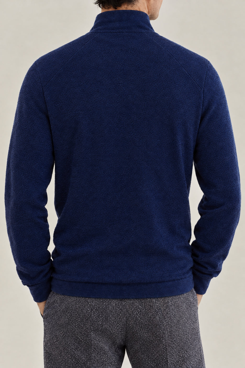 BRUNELLO CUCINELLI MEN'S SAPPHIRE WOOL SILK LINEN HALF ZIP SWEATER
