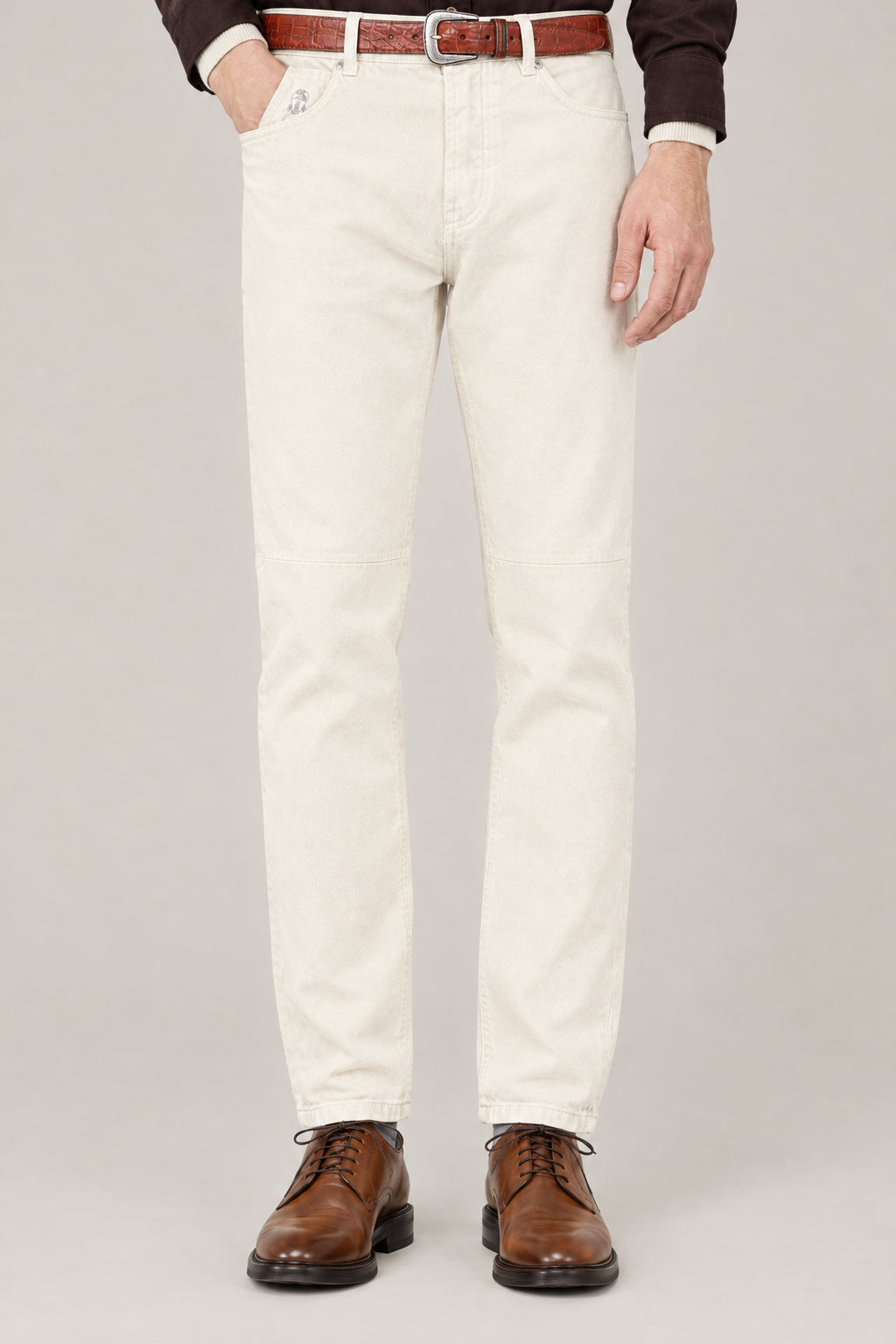 BRUNELLO CUCINELLI MEN'S OFF WHITE COTTON CASUAL TROUSERS