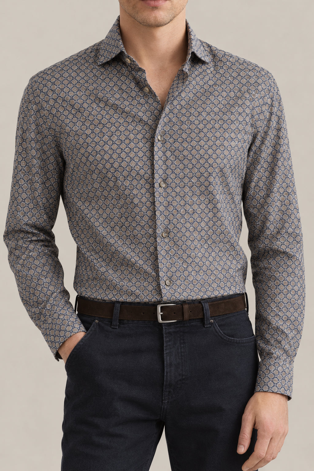 BRUNELLO CUCINELLI MEN'S LEAD AND CREAM PATTERNED COTTON SHIRT