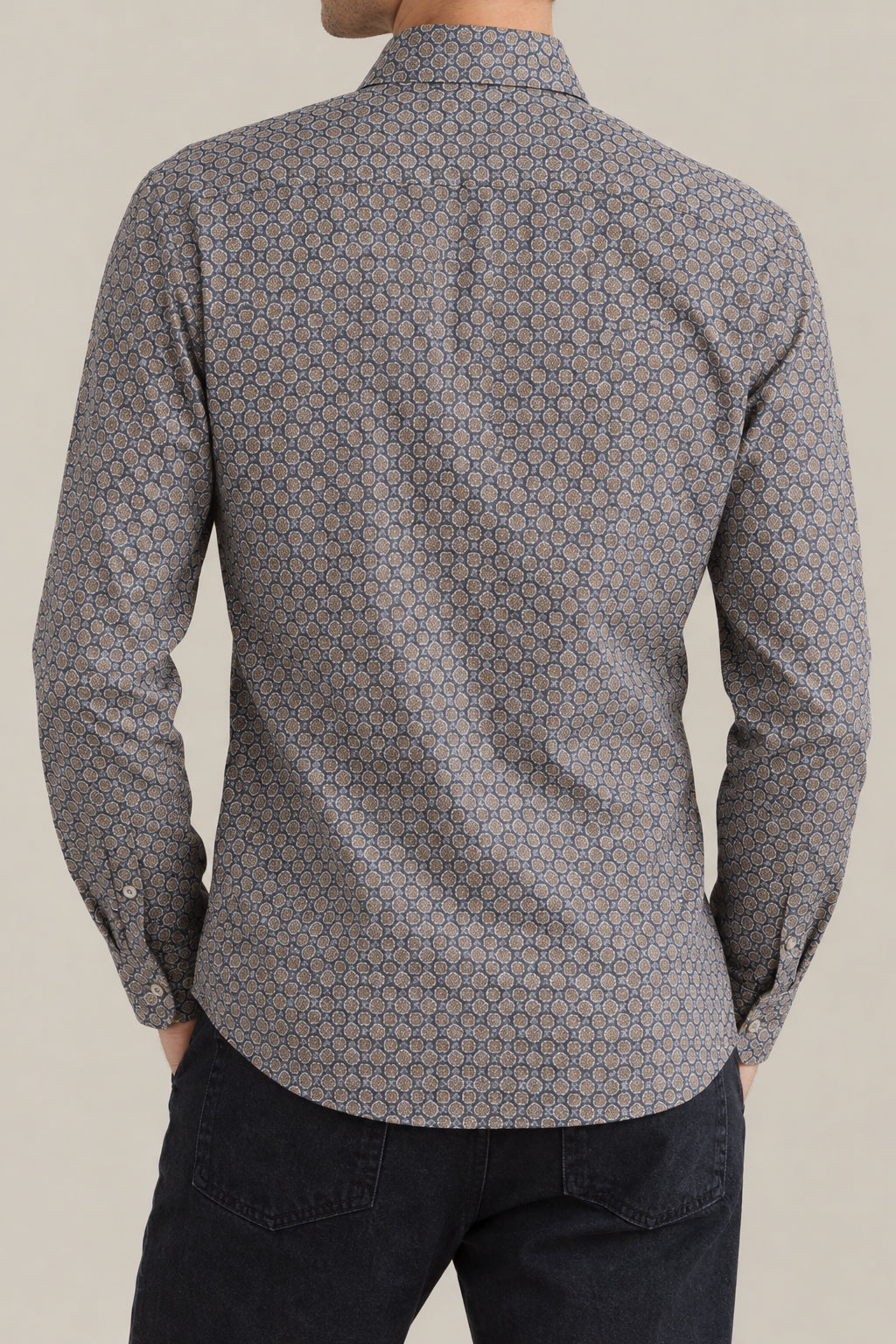 BRUNELLO CUCINELLI MEN'S LEAD AND CREAM PATTERNED COTTON SHIRT