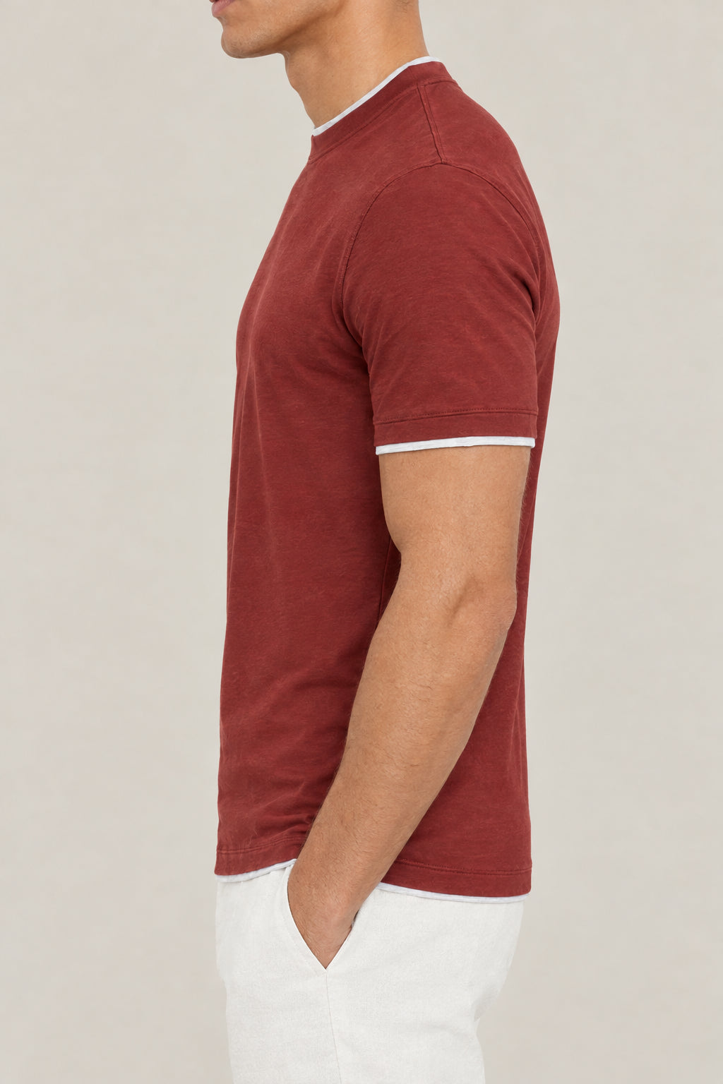 BRUNELLO CUCINELLI MEN'S CORAL AND LIGHT GREY SHORT SLEEVE SHIRT