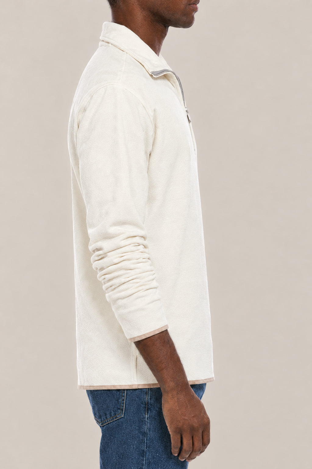 BRUNELLO CUCINELLI MEN'S OFF WHITE HALF ZIP WOOL BLEND SHIRT