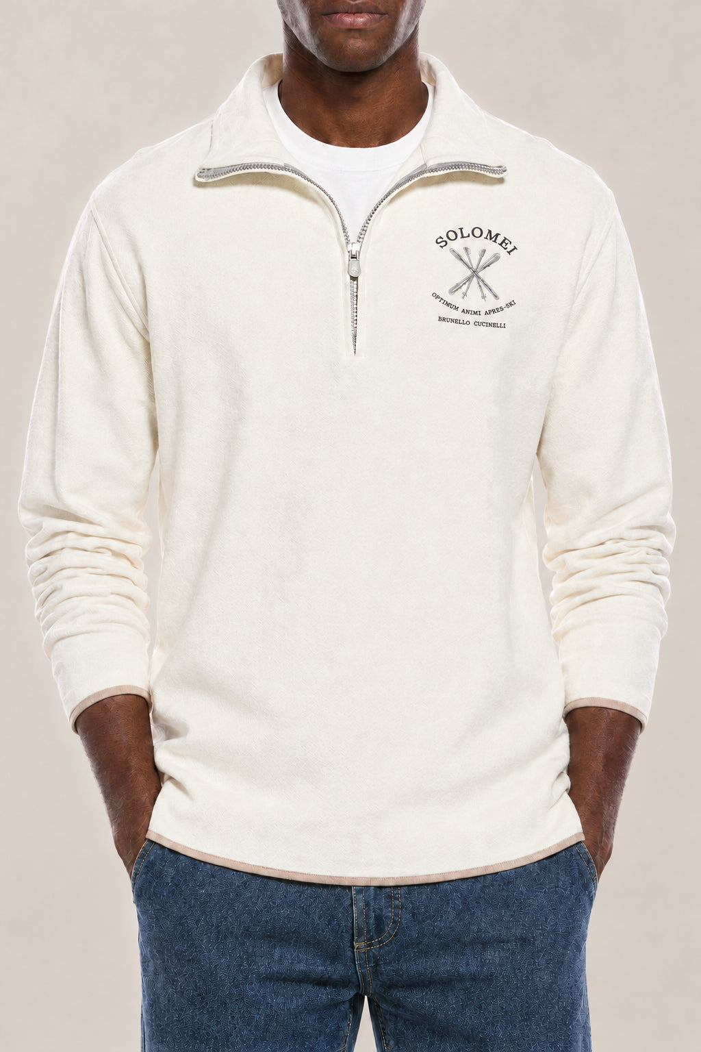 BRUNELLO CUCINELLI MEN'S OFF WHITE HALF ZIP WOOL BLEND SHIRT
