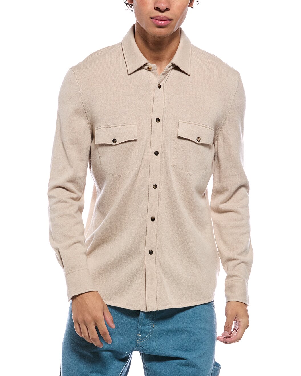 BRUNELLO CUCINELLI MEN'S LIGHT BEIGE WOOL SILK BLEND BUTTON FRONT SHIRT